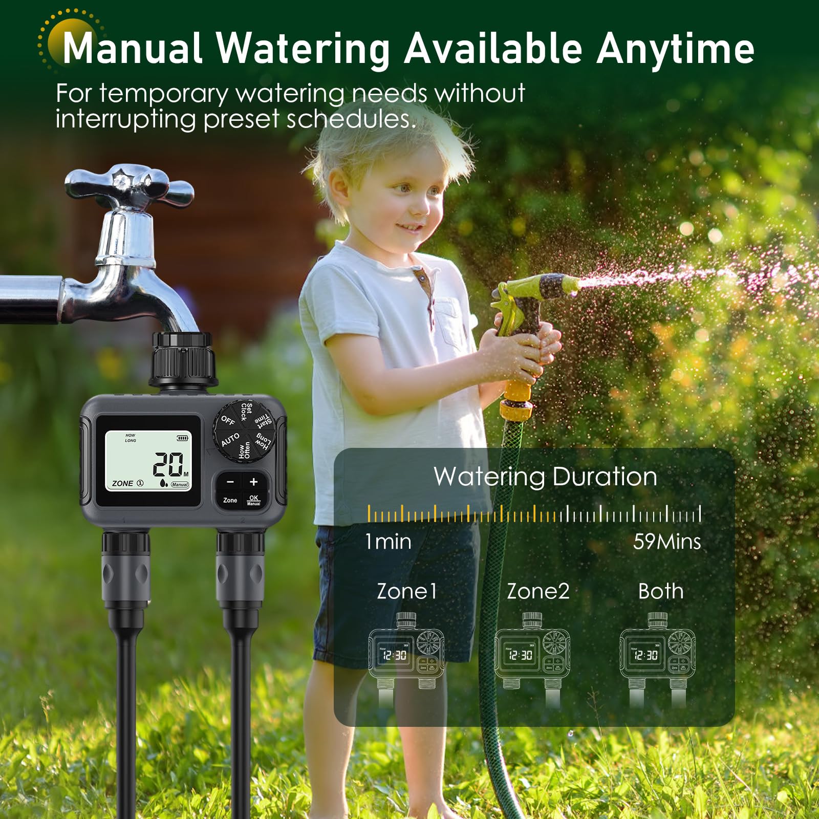 Temporizador de Riego 2 Salidas, Programador de Riego Automático con Retraso por Lluvia/Bloqueo para Niños/Riego Manual, Temporizadores de Mangueras de Jardín para Césped, IPX5 a Prueba de Agua