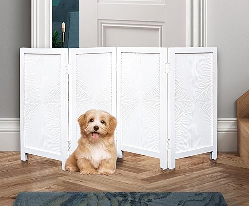 Miniatura 28 de Puerta independiente para perros, puerta plegable de madera para mascotas de 4 paneles para interiores, 72 pulgadas de ancho x 24 pulgadas de alto