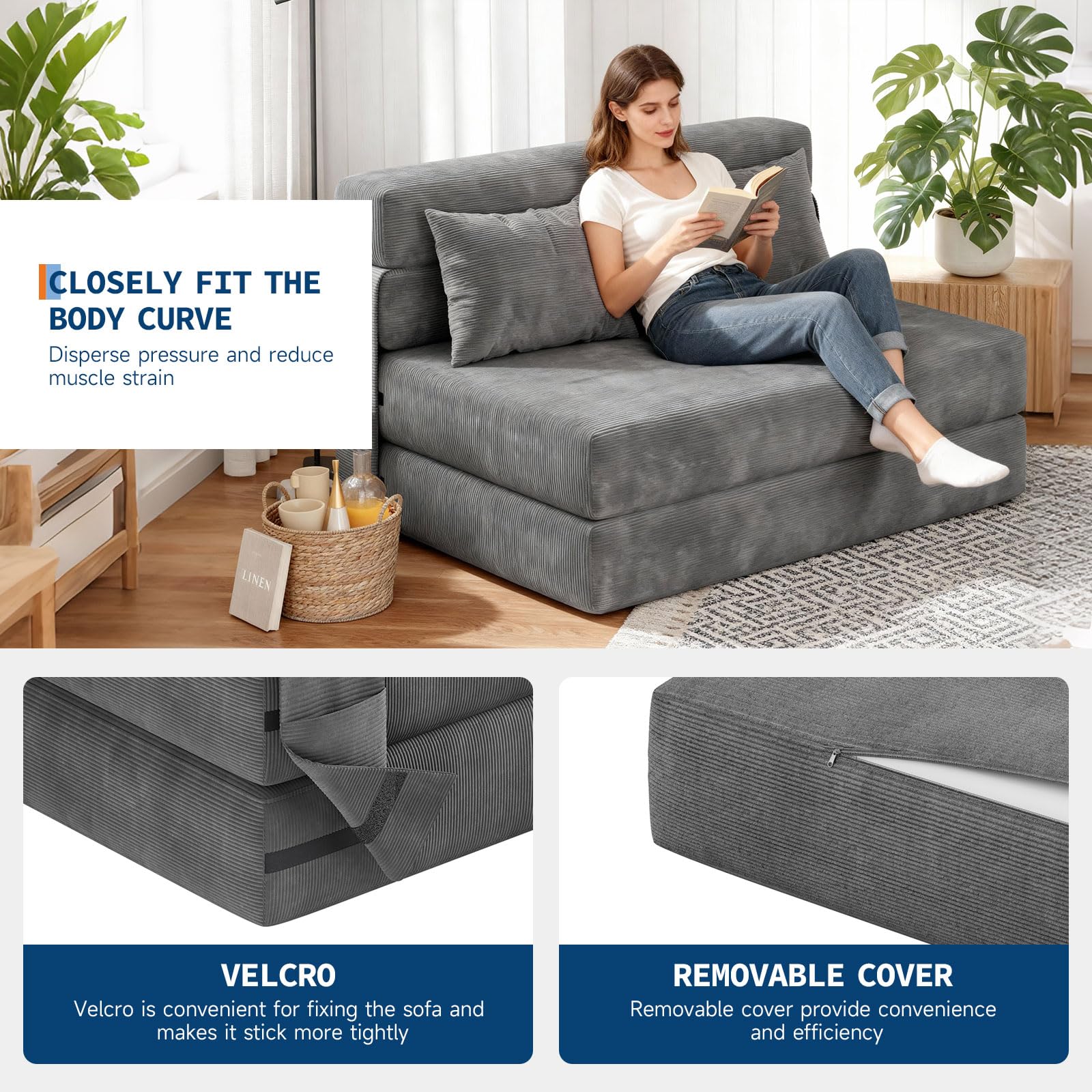 4-in-1 Convertible Folding Sofa Bed Chair with 2 Pillows – Tufted Twin Sleeper Loveseat, Portable Pull-Out Futon Couch, Comfy Floor Lounger with Back Support for Living Room, Bedroom, Guest r