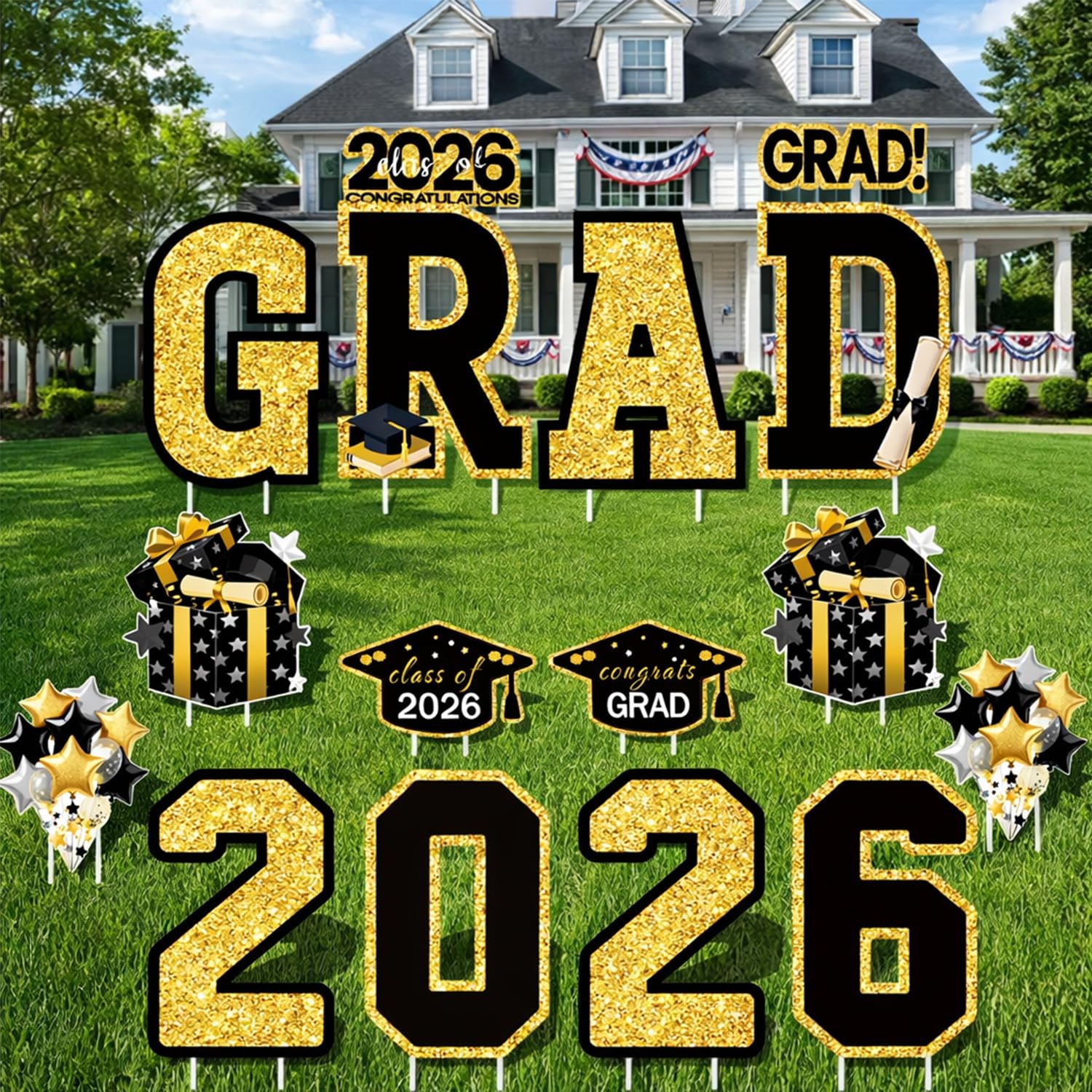 Photo 1 of Graduation Yard Signs Class of 2026 Decorations, 16PCS Large Black Gold Congrats Grad Lawn Decorations with 32 Stakes, Waterproof Outdoor Graduation Party Decor for College & High School Celebrations
