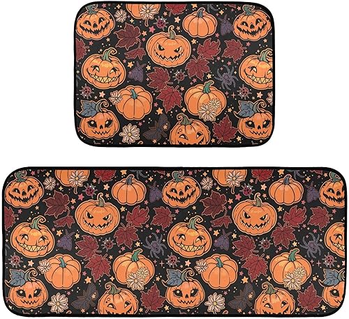 Halloween Funny Pumpkins Kitchen Floor Mats, Maple Leaves Runner Rug Standing Mat Washable Non Skid Rubber Backing Floor Protector Decorative