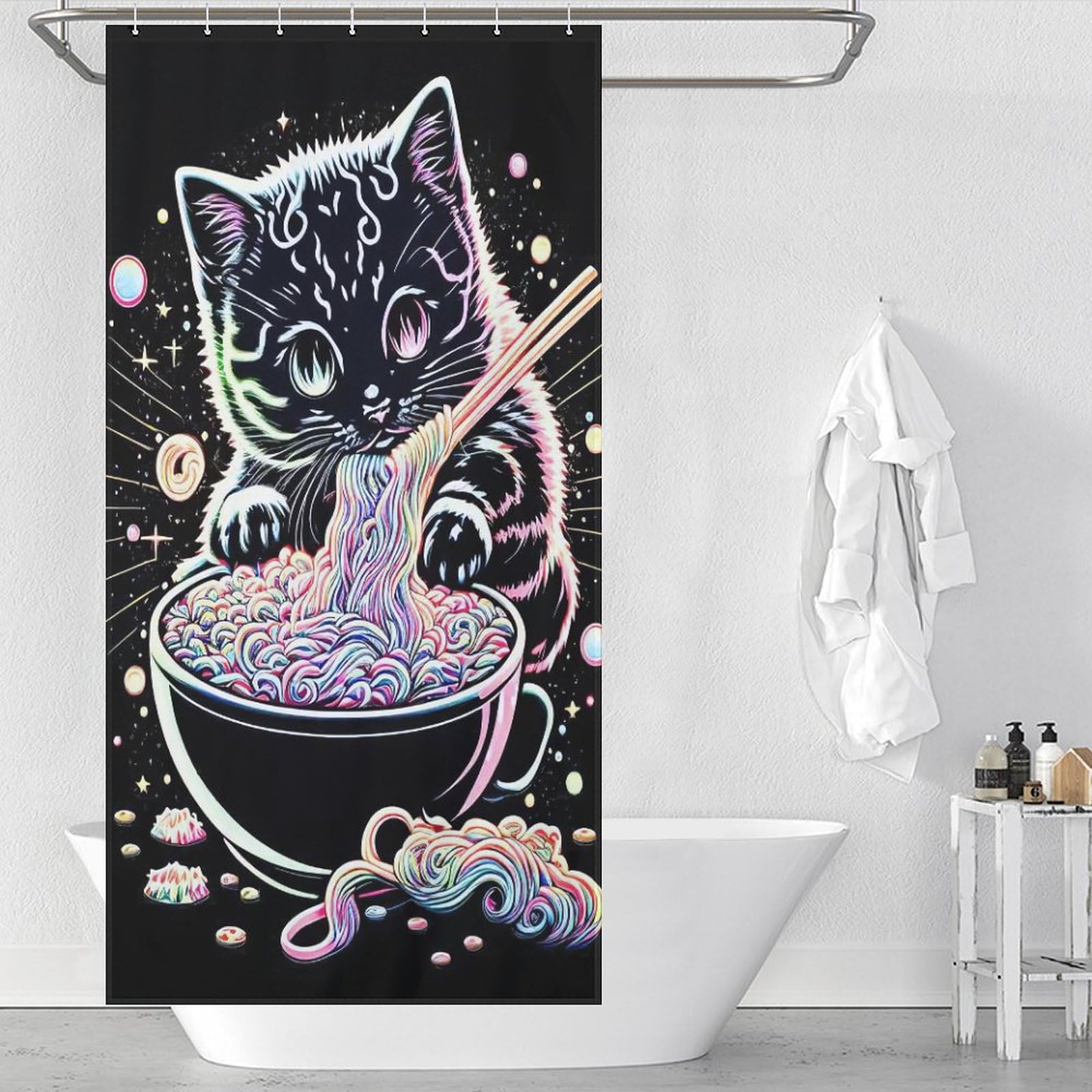 Rideau de douche chat anti-éclaboussures en polyester lavable pour salle de bain