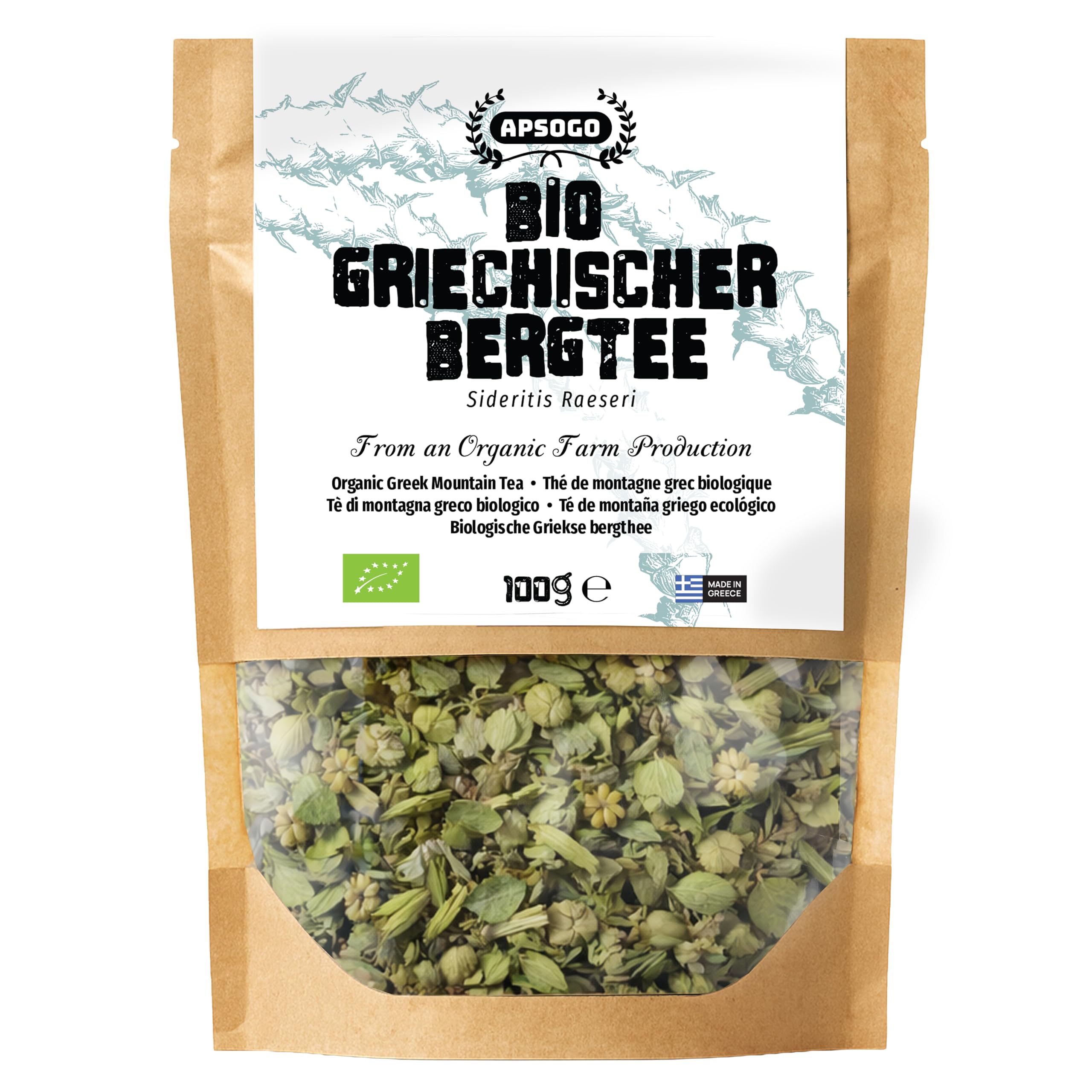 APSOGO Griechischer Bio Bergtee - Premium Sideritis Bergtee - 100% Naturbelassener Griechischer Bio Tee - Handverlesen & Aromatisch - Kräutertee aus Griechenland 100g