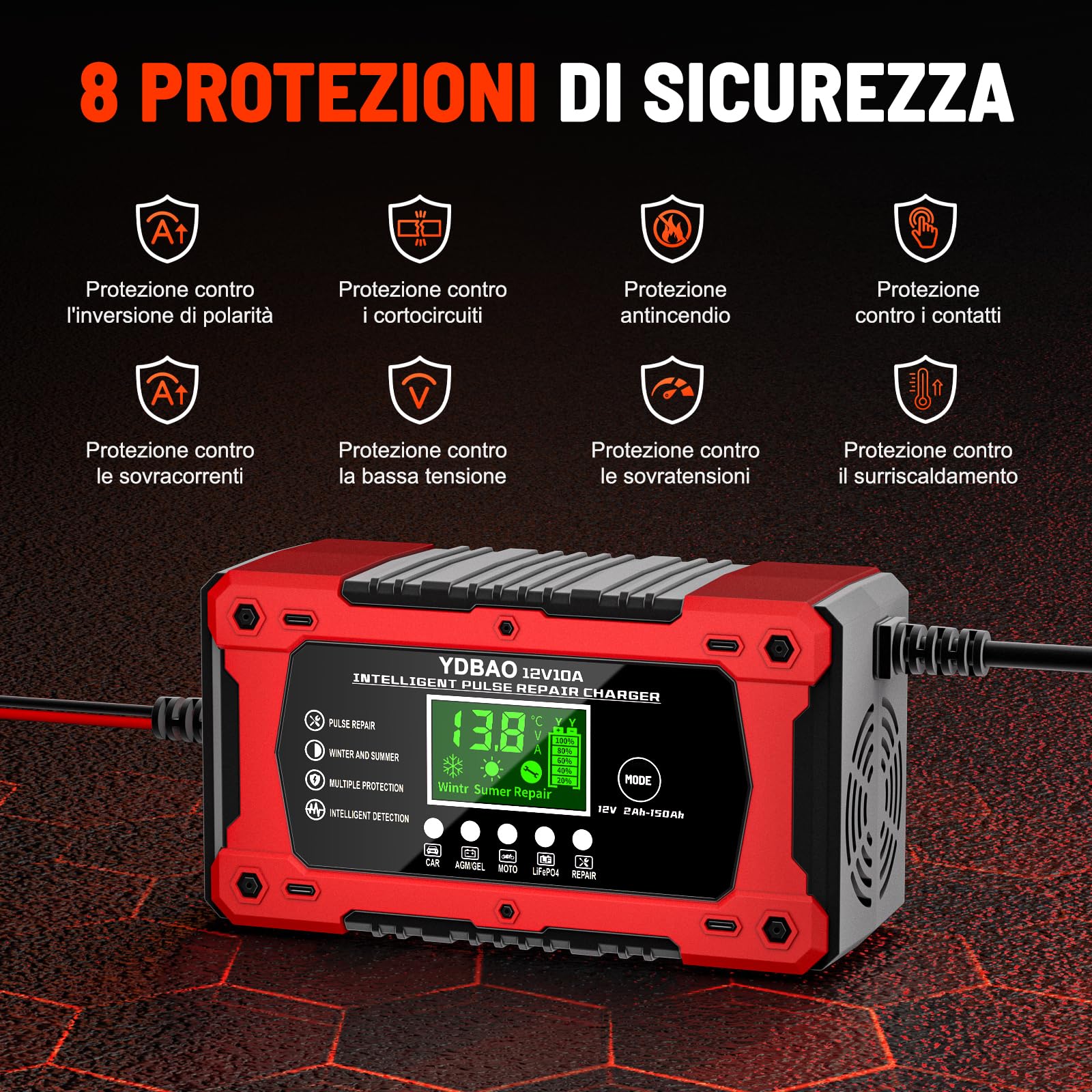 YDBAO Caricabatterie Auto 10A 12V Multi Protezioni Carica Batteria per Auto Intelligente Mantenitore di Carica Auto Moto con Schermo LCD per Moto, Barche, Auto, Batteria AGM, LiFePO4
