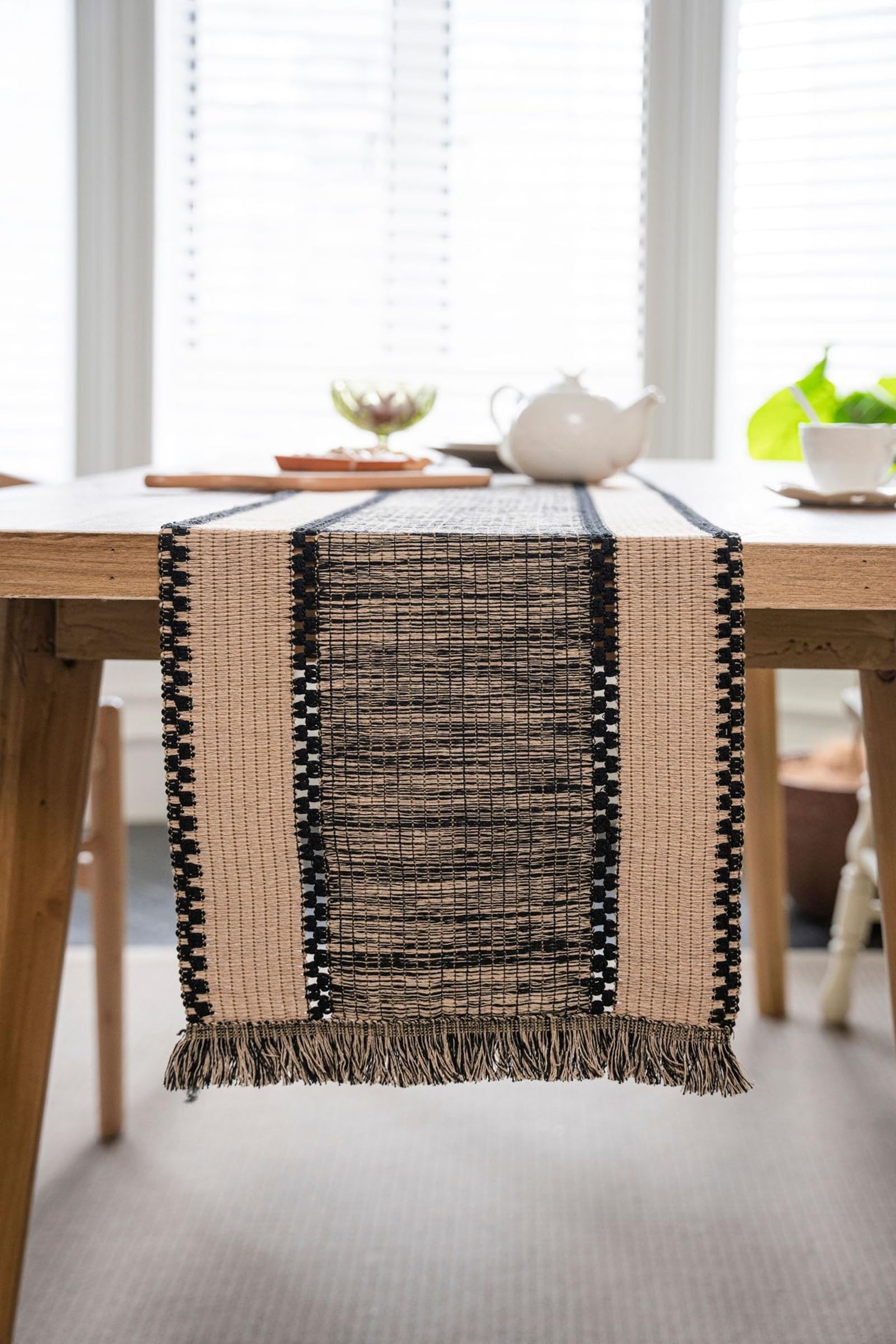 Beige Schwarz Tischläufer Baumwolle Leinen, Makramee Boho Tischläufer Esstisch Abwaschbar Gewebter Gestreift mit Quasten Tischdecke für Küche Esstisch Dekor, 35x450 cm, Beige Schwarz