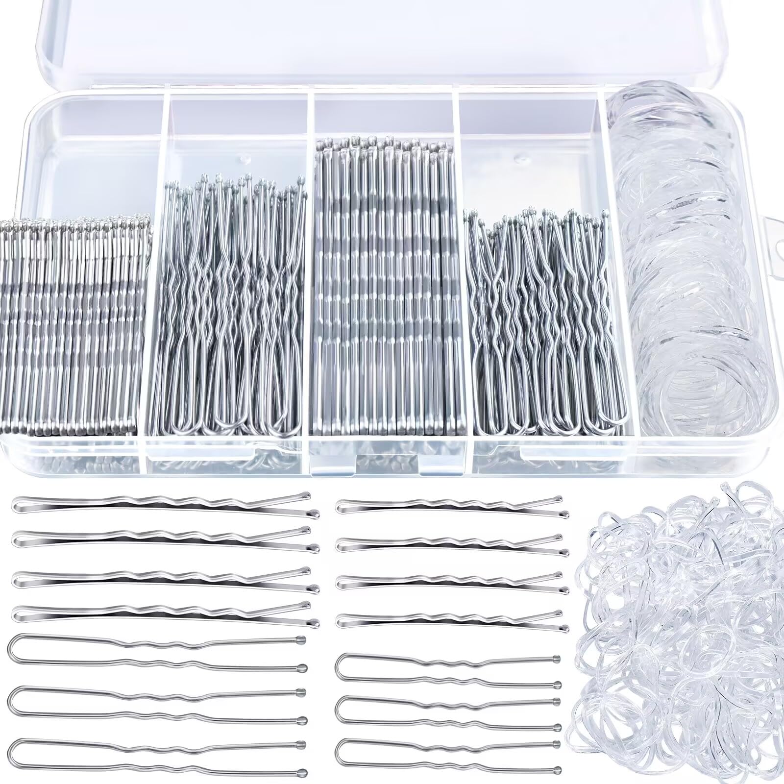 Teenitor 300pcs Silver Bobby Pins Hair Pins Kit, 100pcs Bobby Pins 100 Hair Pins for Women for Buns, 100pcs Hair Bands, 2" 2.36", Silver Bobb y Pins for Gray Hair 2" 2.75"