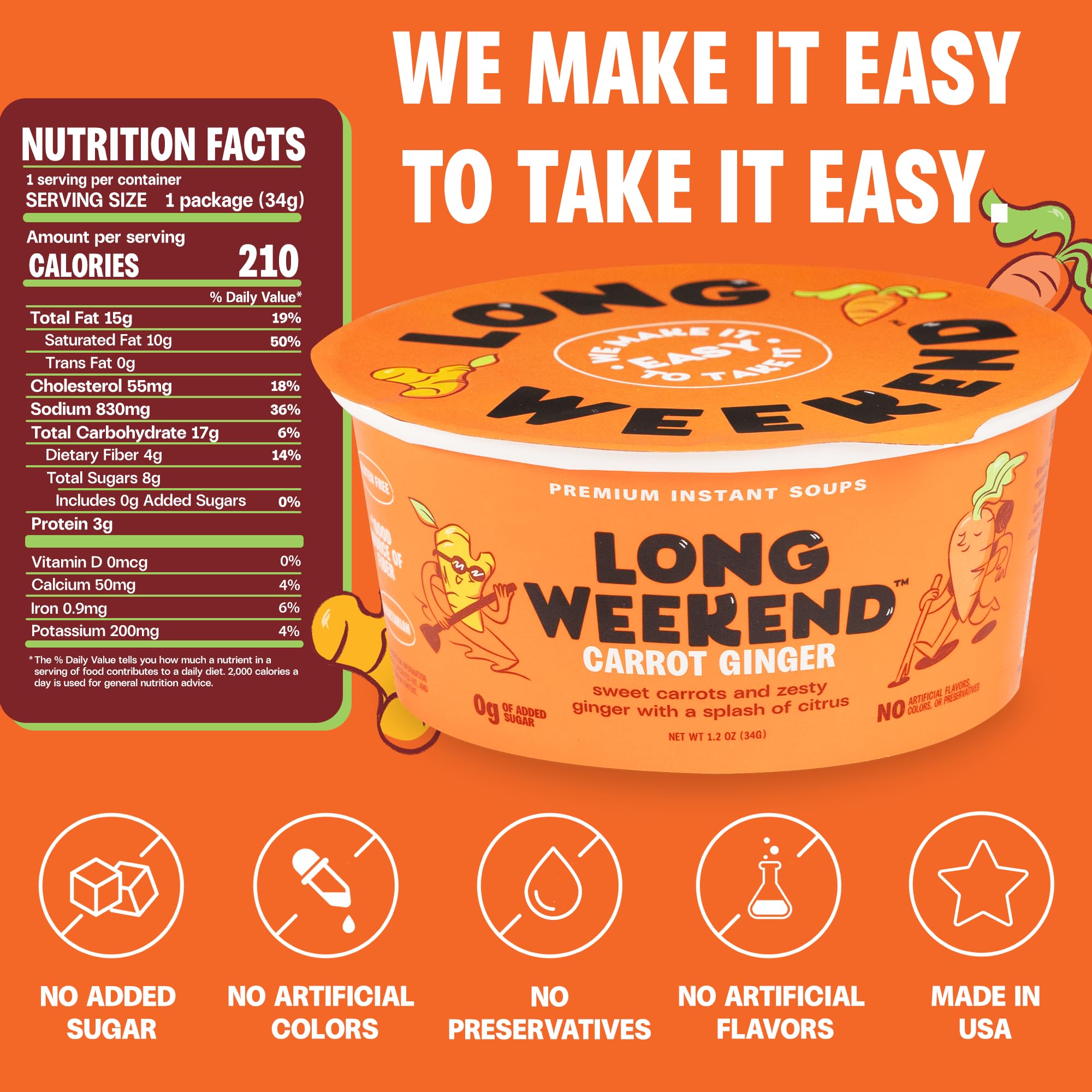 Long Weekend Freeze-Dried Vegetable Soup – Instant Soup with Real Vegetables – Nourishing, Thoughtful Nutrition, Shelf-Stable Meal, Just Add Water – Carrot Ginger, 6 Pack