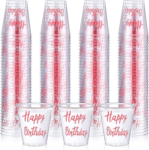 Lallisa 100 vasos de chupito desechables de plástico de feliz cumpleaños, 2 onzas, vaso de chupito de cumpleaños, degustación de bebidas