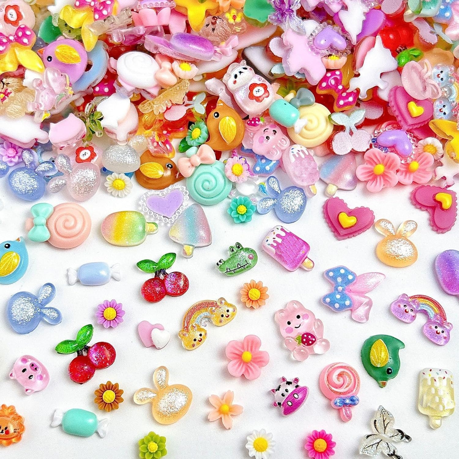 COOSLIM 150pcs Cute & Sweet 3D Candy Nail Charms, Flower Strawberries Cherry Bear Butterfly Animal Shape Charms, Perfect for Nail Art Decorations & DIY Accessories Crafts