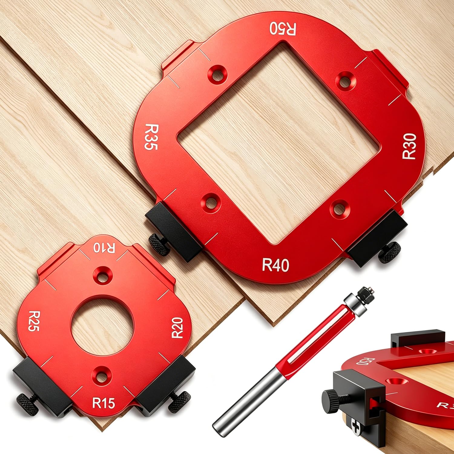 Modello di Fresa a Raggio,4 in 1 Dima di Fresatura a Raggio D'angolo con Raggio R10/15/20/25 e R30/35/40/50 per Lavorazione del Legno Fai da Te Rosso (2 pezzi)
