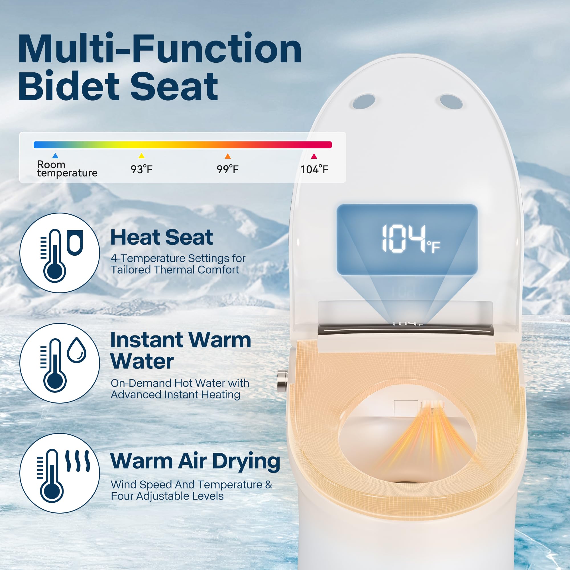 Sedile WC con scudo a bolle, bidet elettrico riscaldato con acqua calda senza fine, con asciugatrice, coperchio e sedile con apertura automatica, display temperatura LED, sedile bidet