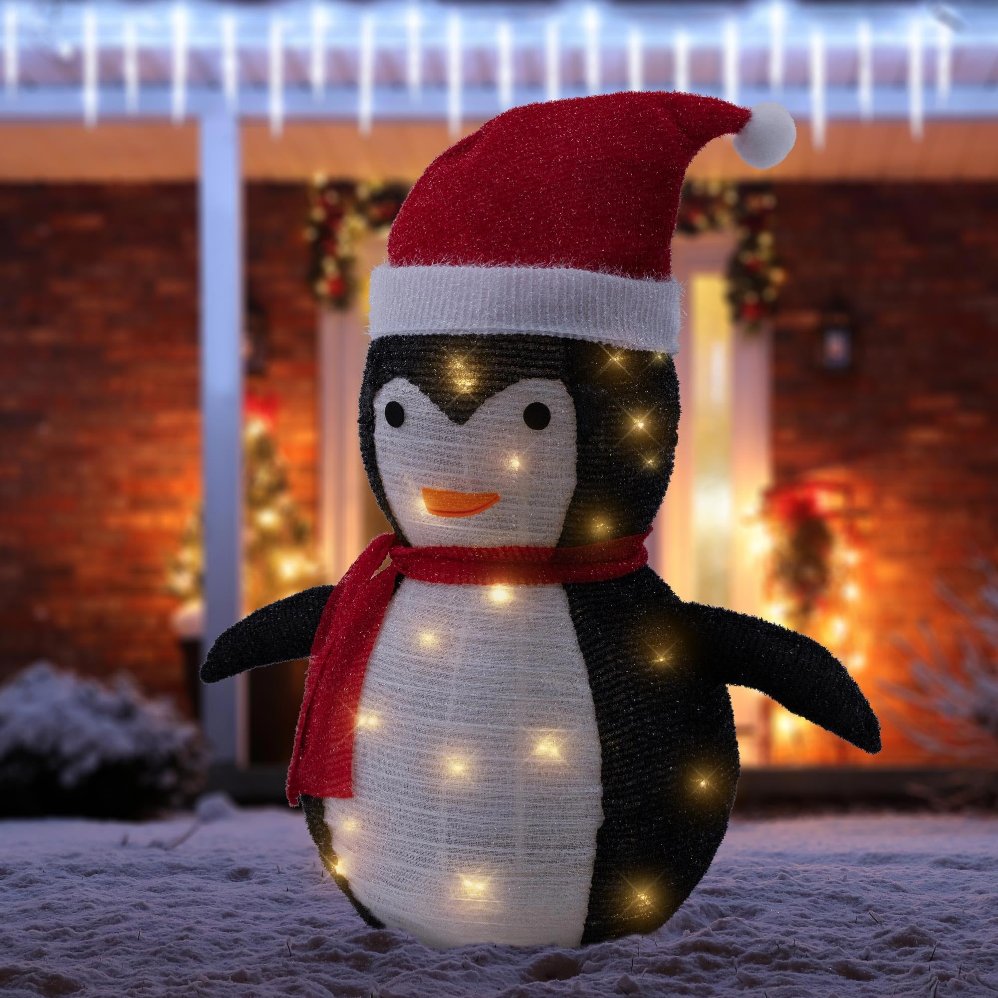 ECD Germany Pingüino Navideño LED 68 cm de Altura, Figura de Jardín Iluminada con 30 Luces LED Blanco Cálido con Temporizador para Interior/Exterior Plegable Decoración con Pilas Figura Decorativa