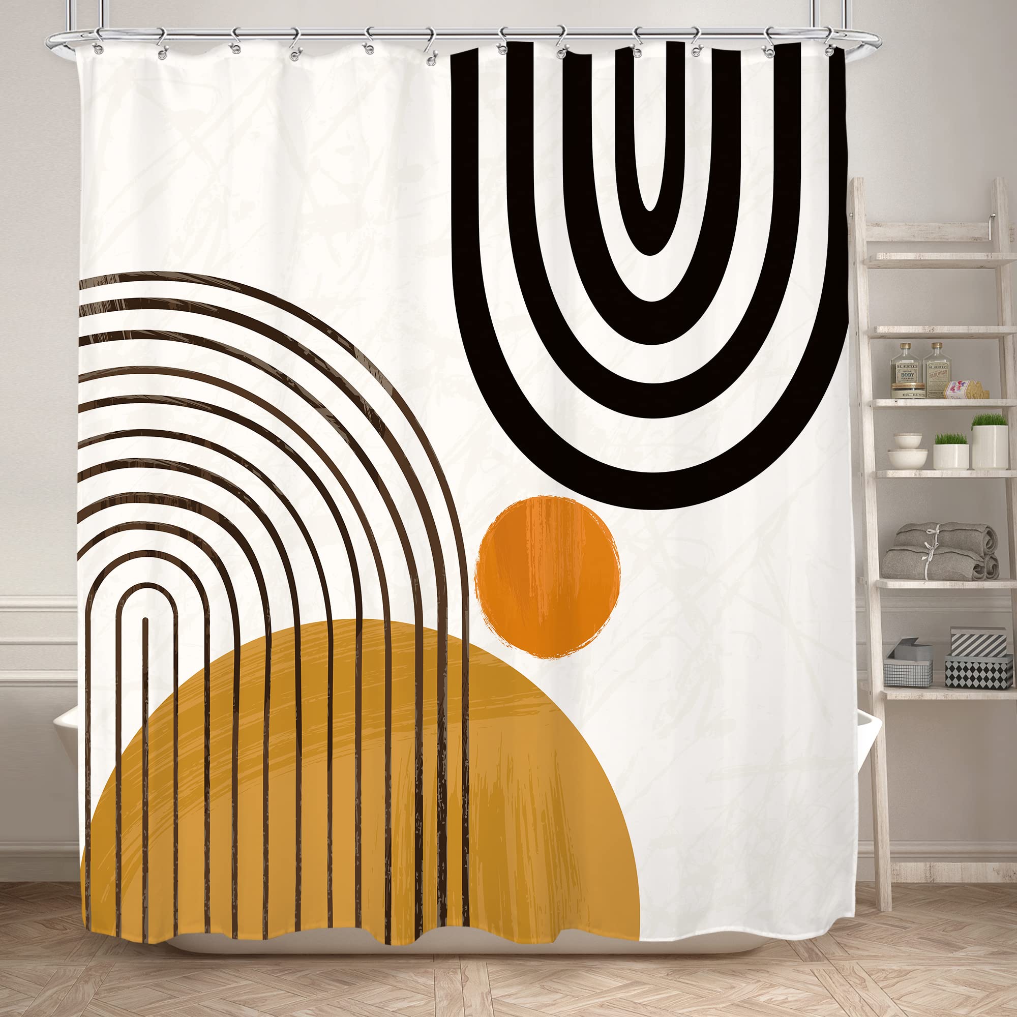 KOMLLEX Boho Shower Curtain Modern Abstract Mid Century Shower Curtain Geometric Cute Sun Minimalist Aesthetic Semicircle Neutral Bath Accessories Fabric Waterproof Polyester 12 Pack Hook 72Wx72H Inch