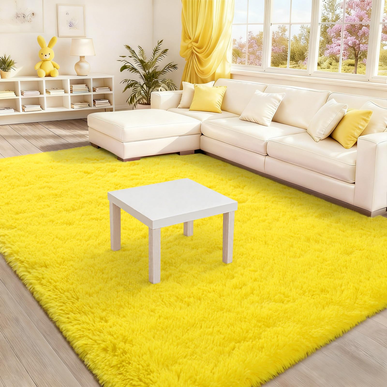 BENRON Fluffy Rugs for Living Room 5x8 Yellow, Washable Large Area Rugs for Bedroom Dining Table Office Kids Nursery Room, Washable Indoor Floor