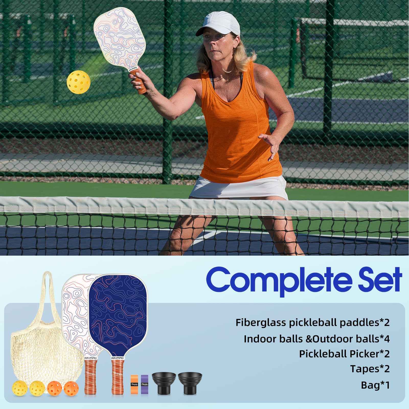 Set di 2 pagaie per pickleball, in fibra di vetro, leggere, con 4 palline da pickleball, 2 raccoglitori per pickleball e borsa in rete lavabile, per principianti/intermedi
