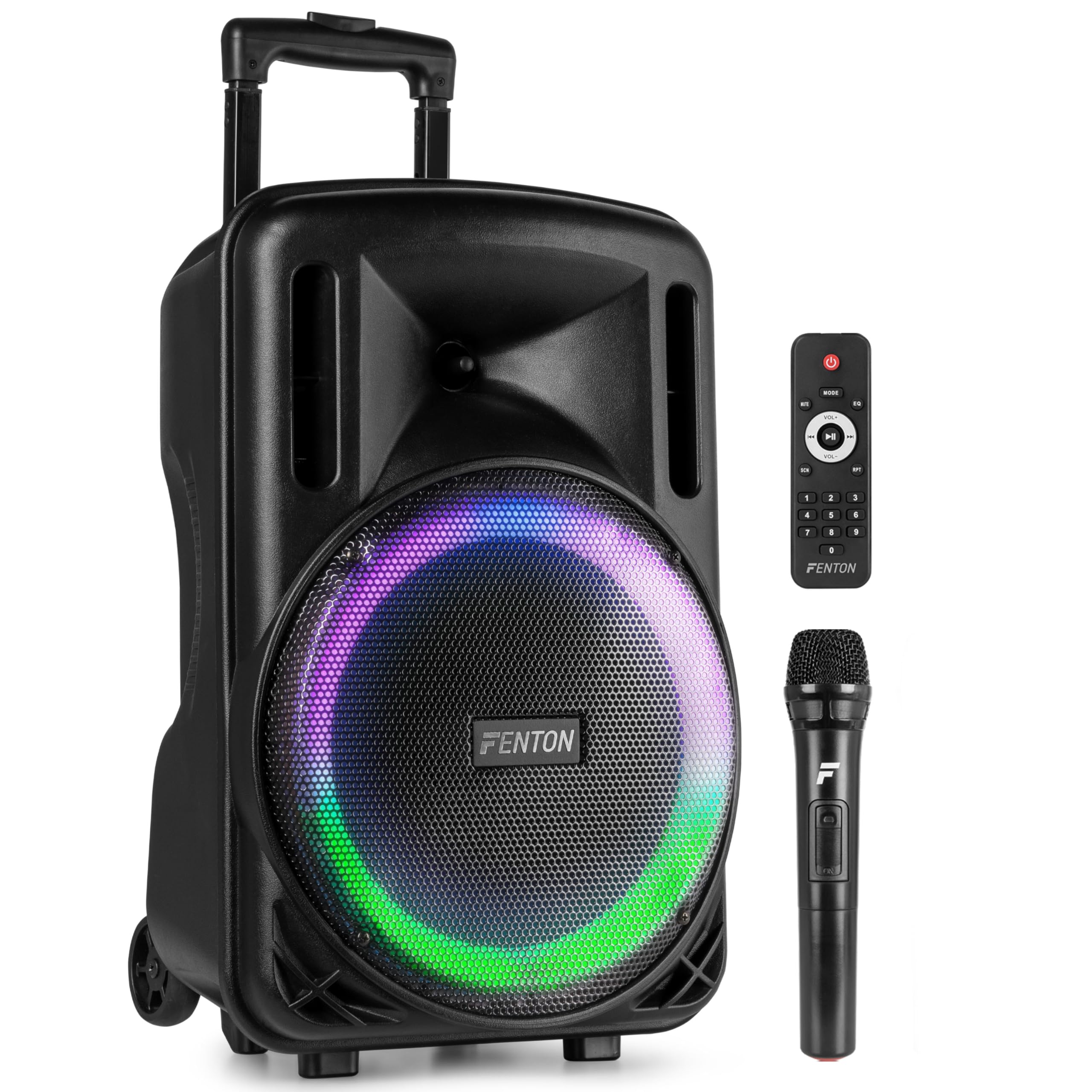 Fenton FT12LED MK2 700W Portable Bluetooth Speaker with Wireless Microphone, Rechargeable Battery, LED Lights, USB, SD, AUX, Stereo Pairing, Wheeled Handle and Tripod Mount