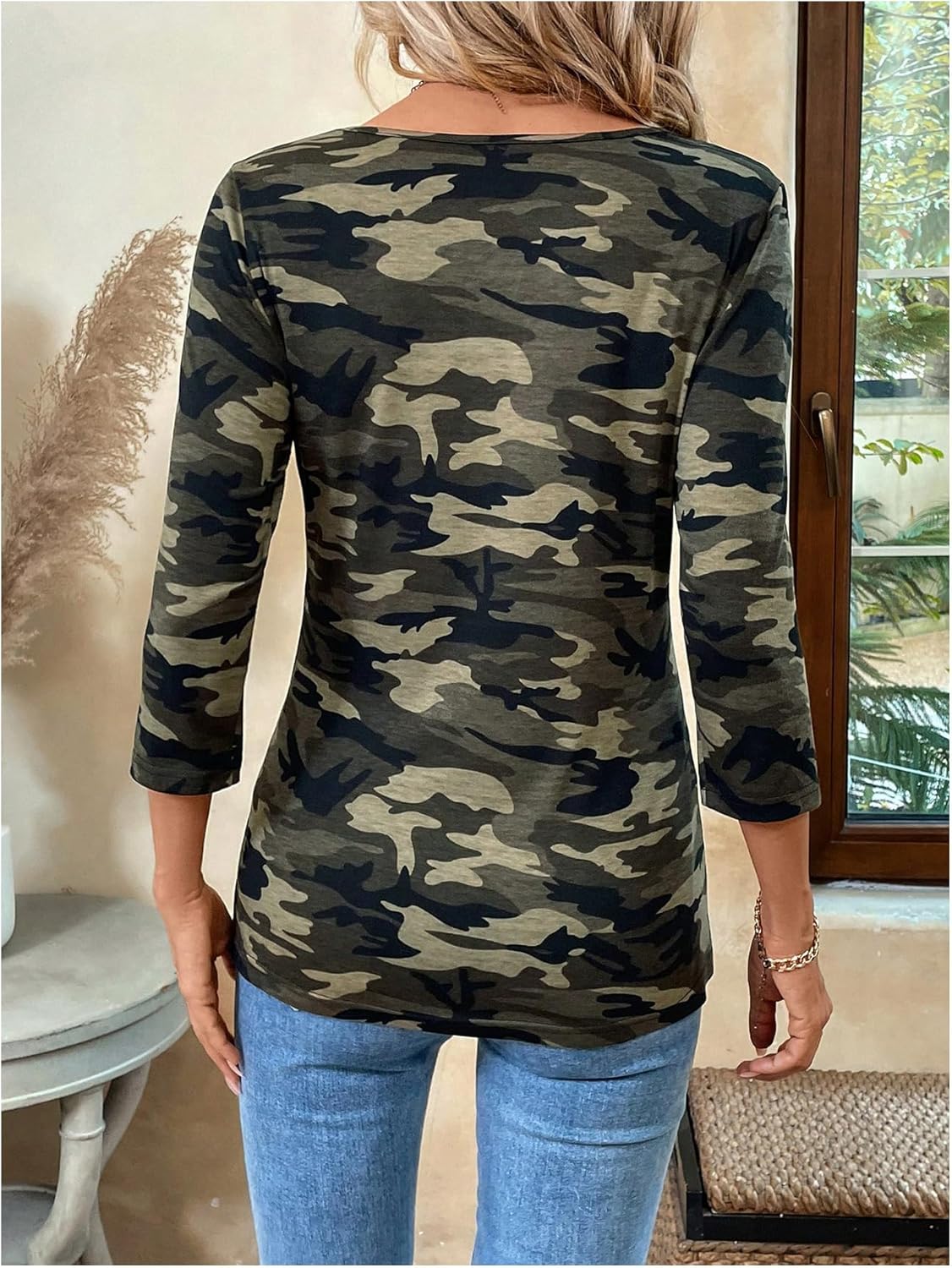 Women's Camo T Shirts Crew Neck 3/4 Sleeve Fitted Top Casual Fall Tee Tops - Image 2