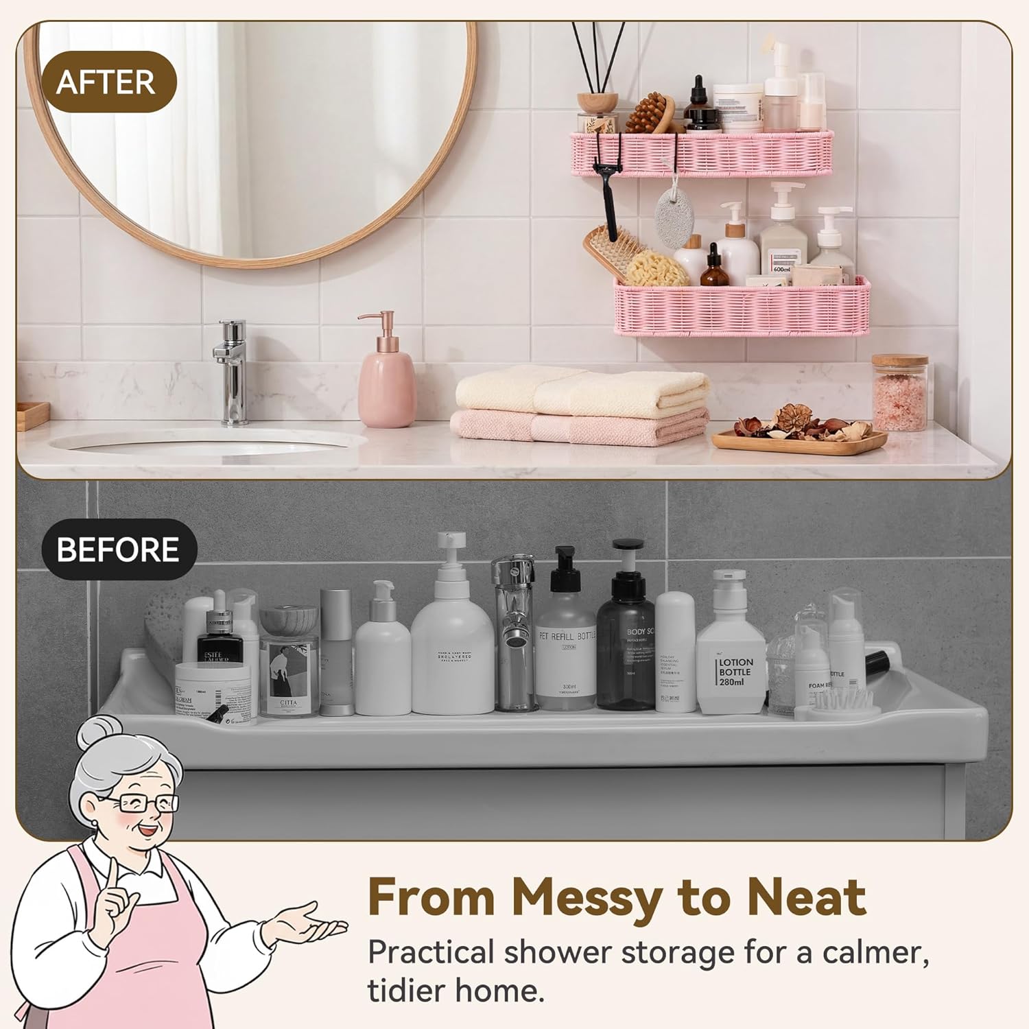 GRANNY SAYS 2 Pack Wicker Shower Caddy Hanging, Shower Shelf for Inside Showers, Adhesive Shelves for Bathroom Organizers and Storage, Bathroom Shelves Wall Mounted with 4 Hooks for Home Decor, Pink