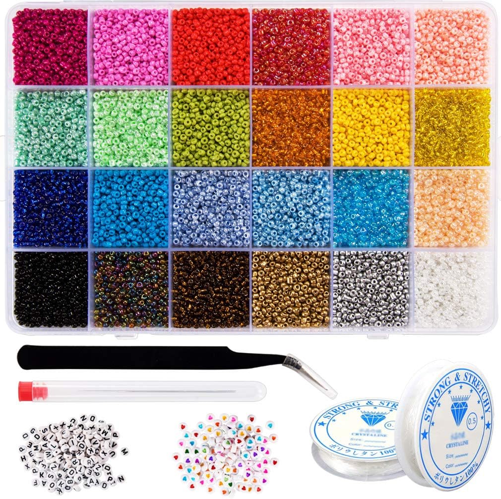 Kyrieval 36000 Pcs 12/0 2mm Glass Seed Beads Colorful Waist Bead Kit with Letter Beads Heart Beads and Beading Needles for Jewelry Bracelet Making