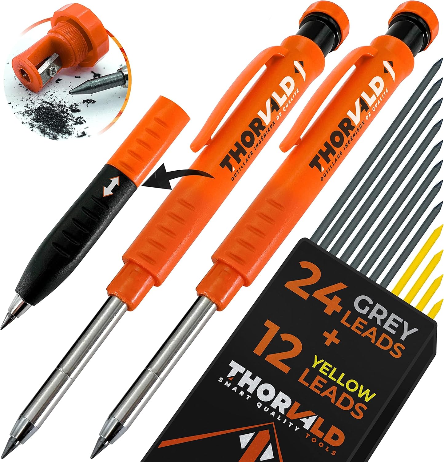 THORVALD 2 Carpenter Pencils Set for Construction – Incl. 38 Leads + Sharpener + Finger Grip – Solid Mechanical Pencils with Fine Point/Best Marking tools Construction/Carpenters/Scriber THORVALD 2 Carpenter Pencils Set for Construction – Incl. 38 Leads + Sharpener + Finger Grip – Solid Mechanical Pencils with Fine Point/Best Marking tools Construction/Carpenters/Scriber