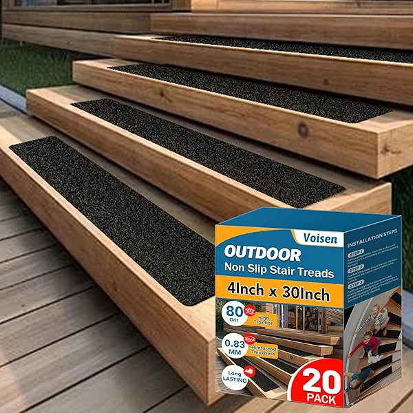 VOISEN Outdoor Stair Treads, 4" x 30" 20 Pack Pre-Cut Non Slip Strips, Grip Tape Adhesive, Waterproof 80 Grit Anti-Slip