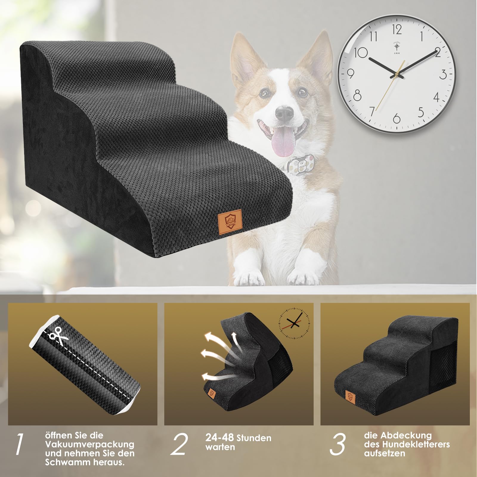 Thihome Scala per cani di piccola taglia, 3 livelli, spugna ad alta densità, altezza 40 cm, con rivestimento impermeabile, antiscivolo, scala per animali domestici, colore nero