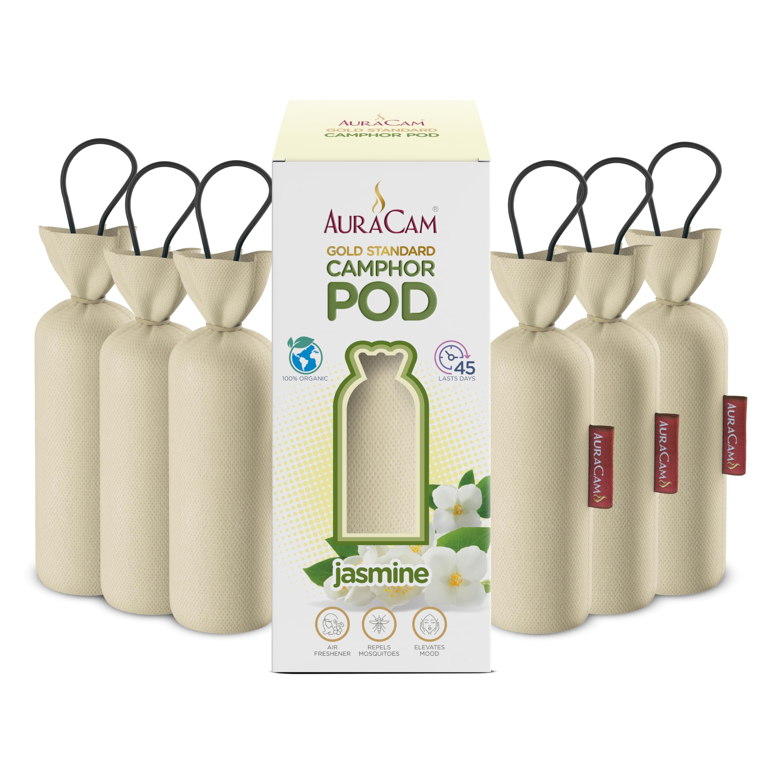 AuraCam Gold Standard Camphor Pod Cone Jasmine- Set of 6 - Pod Air freshener For Room, Car, Bathroom, Office & Toilet | Long-Lasting Cone for Home