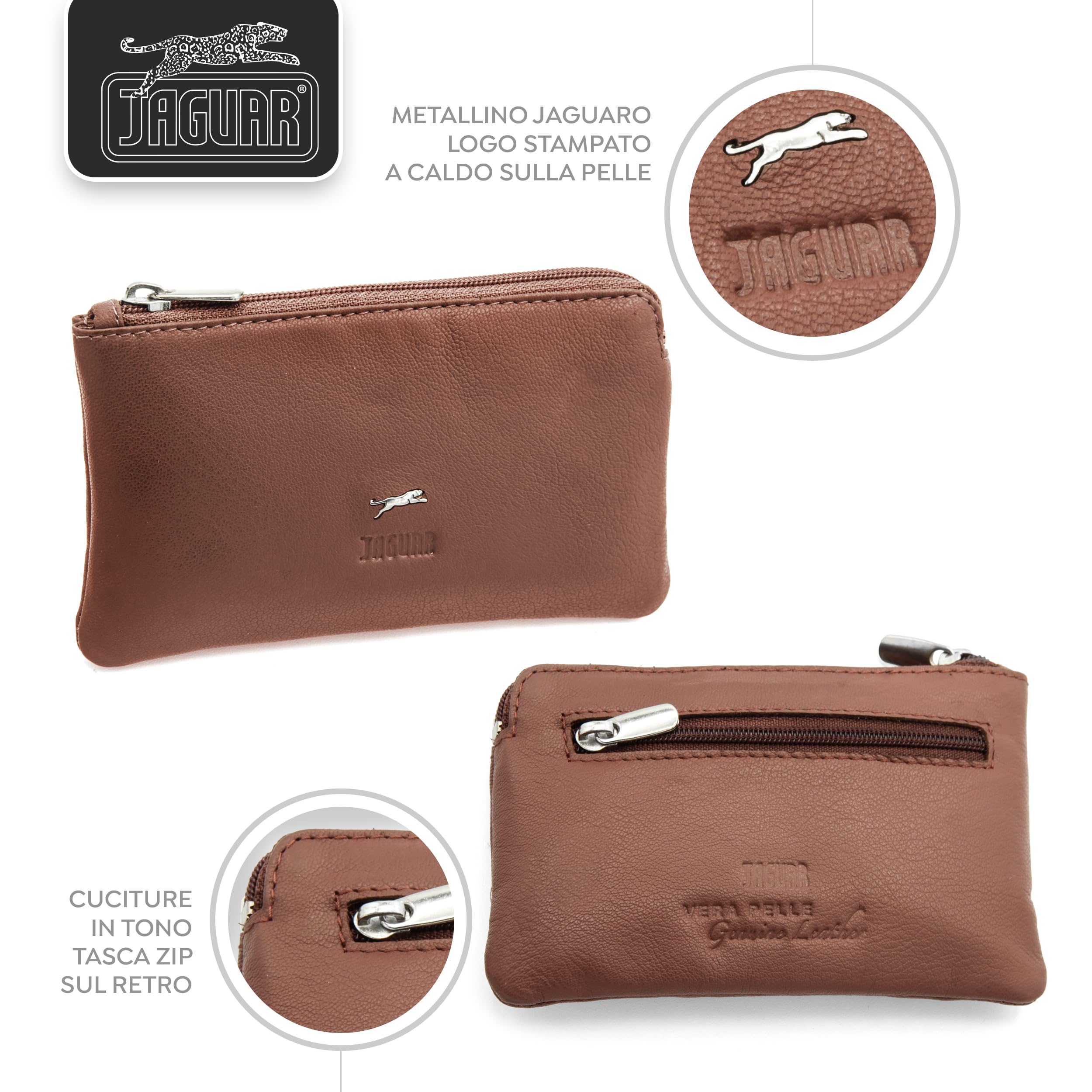 JAGUAR - Portachiavi Uomo, Portachiavi in Pelle Vera Dotato di 2 Cerniere per Riporre Vari Oggetti, Astuccio Borsellino 14x7,5x1cm Arriva in Scatola Firmata Adatta per Regali e Sorprese