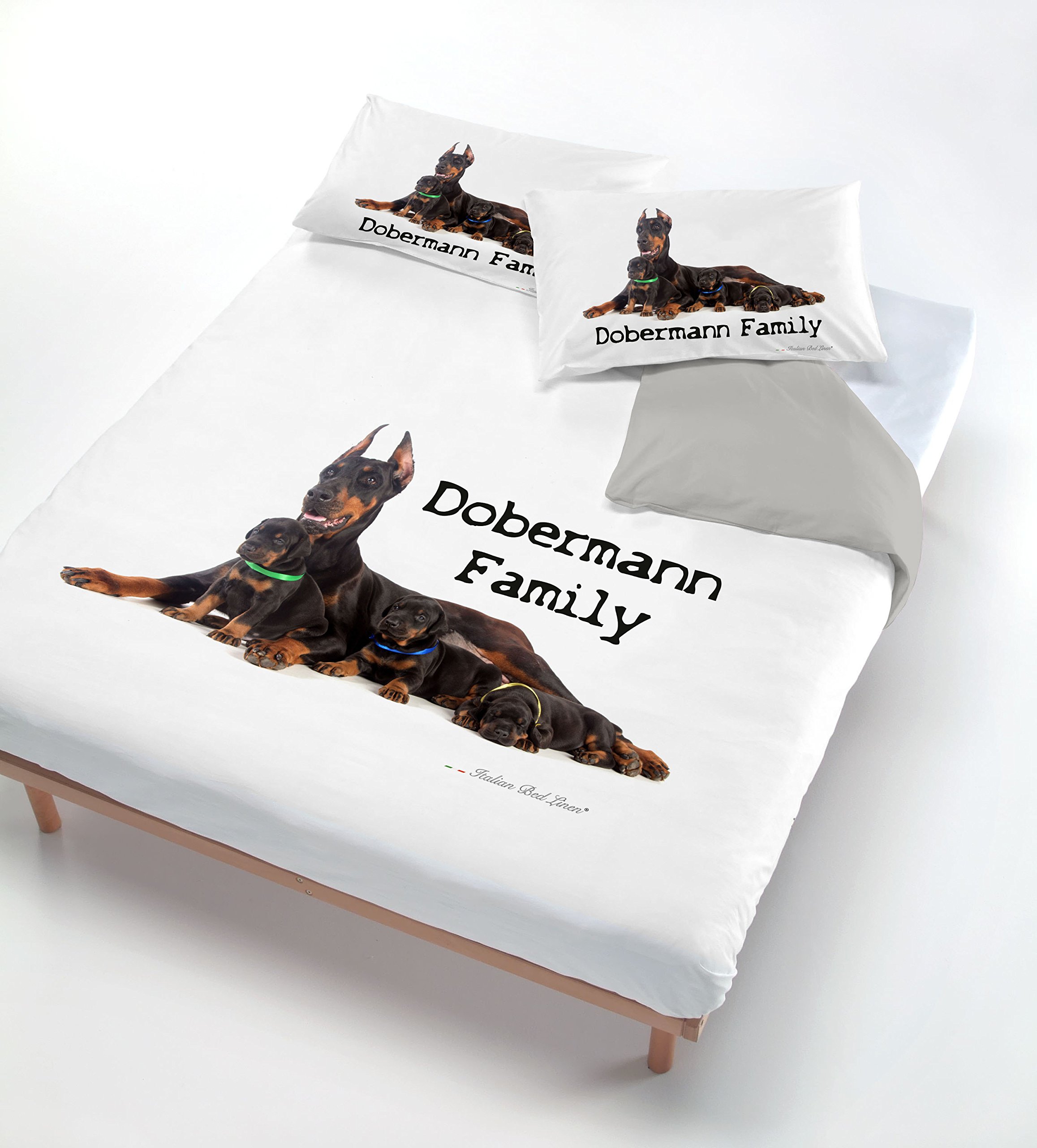 Italian Bed Linen Digital Duvet Cover Set (Bag Sheet 200x200cm + Pillowcase 52x82cm),Doberman Family, SMALL DOUBLE