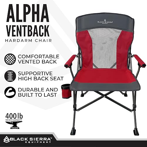 Miniatura 4 de Black Sierra - Silla de camping portátil plegable para césped y playa con reposabrazos duro acolchado, respaldo ventilado de malla, espacioso,
