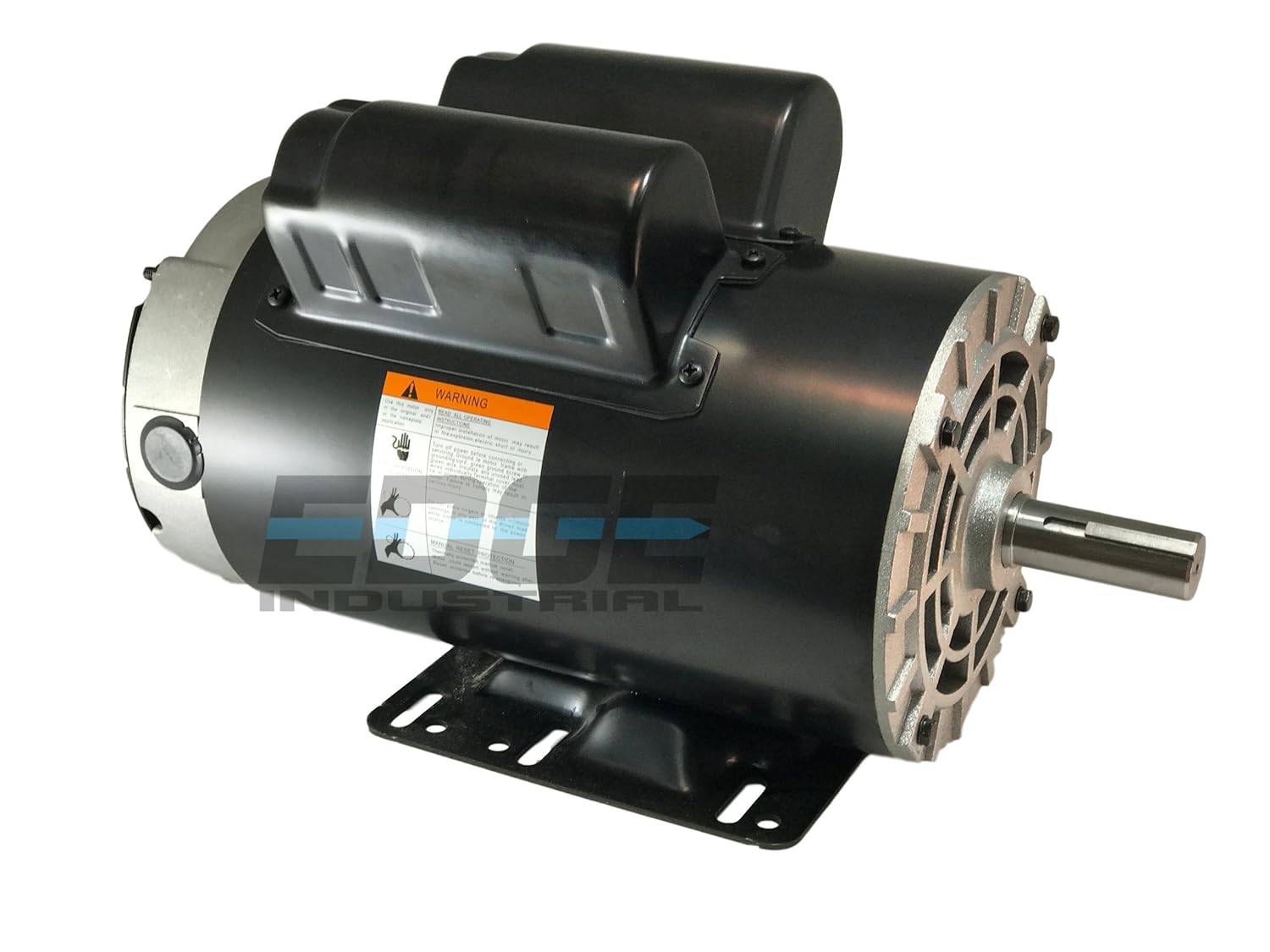 Side view of the electric motor with a warning label visible