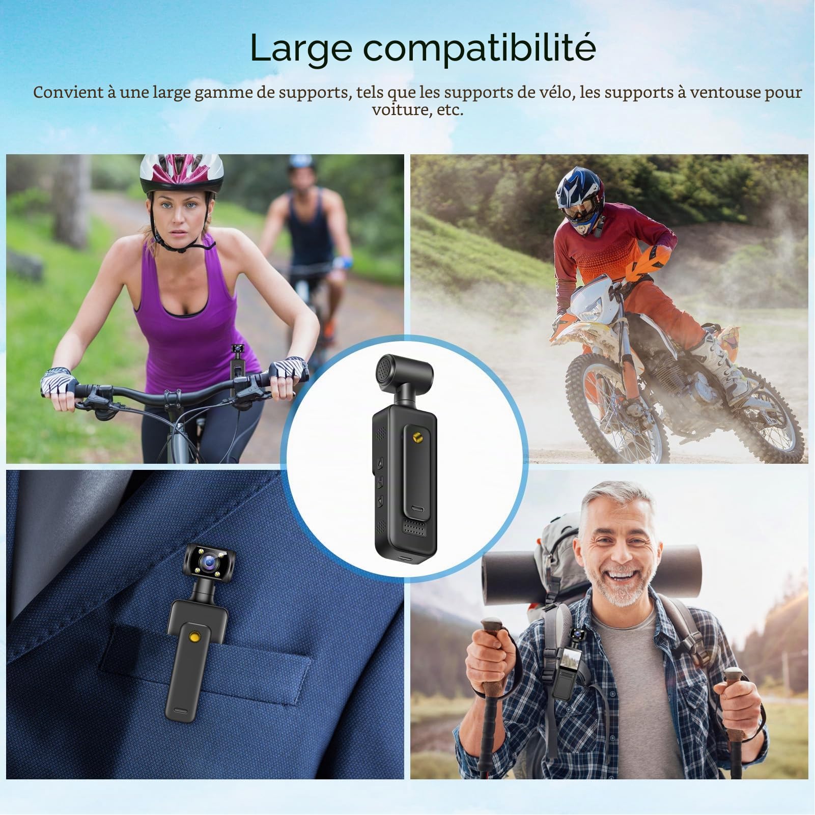 Caméra d'action Portable, 4K HD, Wi-FI, Rotative à 180°, pour Le Sport, Les Voyages, Les Vlogs, avec Clip, écran HD 1,3 Pouces, Contrôle par Application