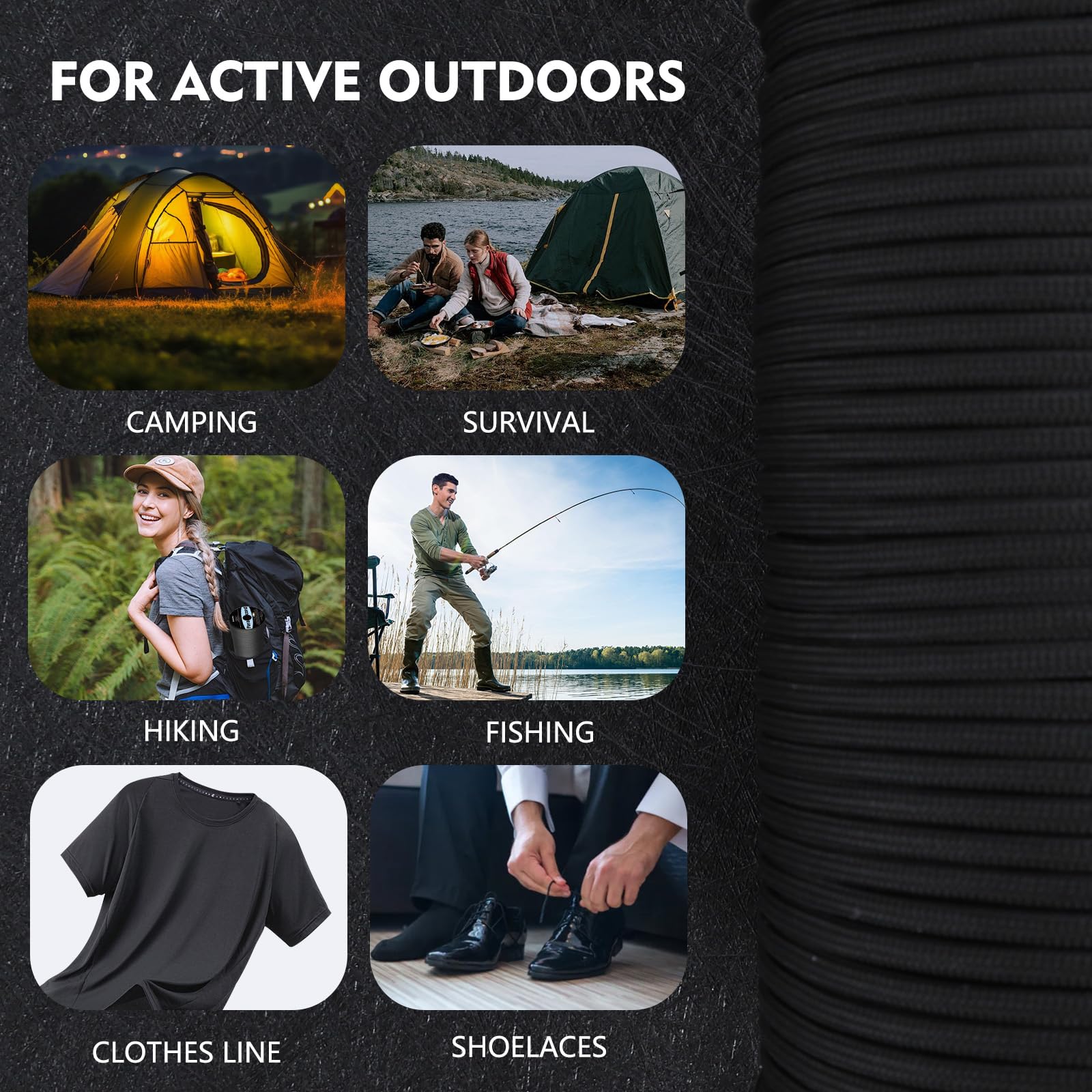 Romon Paracorde 4mm, Escalade 550 9 Brins en Nylon Parachute lettes, Tente Rope Tactiqu pour Survie Extérieur, 250kg Charge de Rupture, Noir, 50m