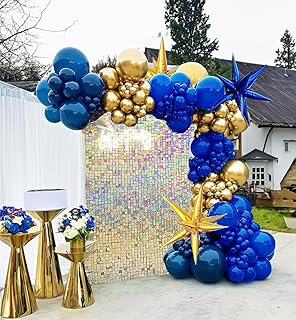 FROUFING Navy Blue Gold Balloon Garland Arch Kit 130PcS Royal Blue Gold Sand White Balloons with Starburst Balloons for birthday graduation baby shower anniversary Decorations