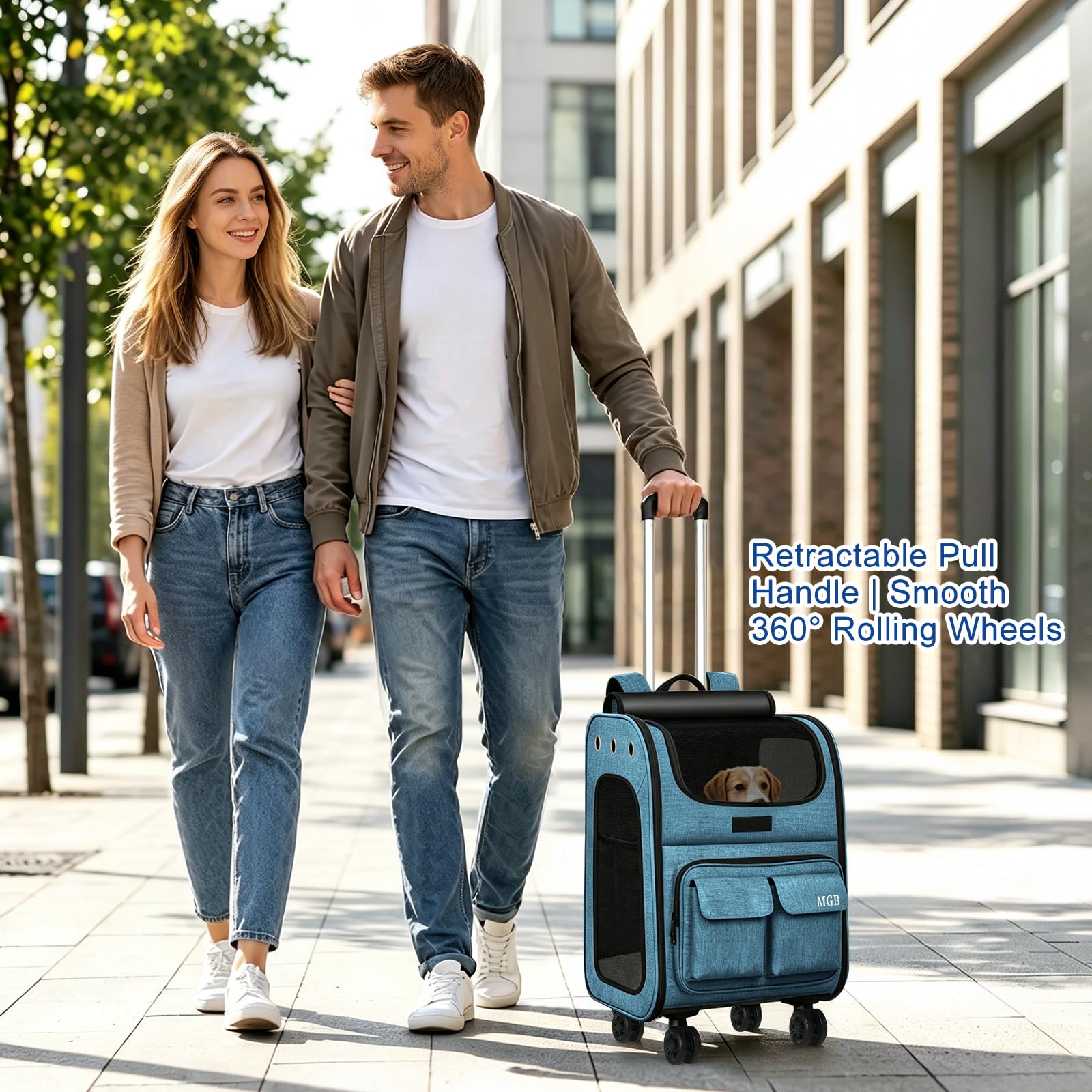 Mochila transportadora para gatos con ruedas, plegable, de lados suaves, para gatos y perros pequeños, malla transpirable con protección solar, portátil para acampar y caminar, color azul