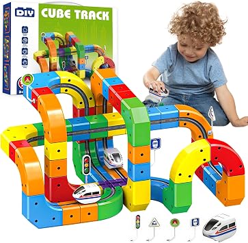 123PCS Electric Train Set, Magic Rail Cube Train Set, 3D Embedded Layouts Train Track Set with Gravity-Defying Motorized Train, DIY Cube Flexible Race Track,Easter Birthday Gift for Boys Girls
