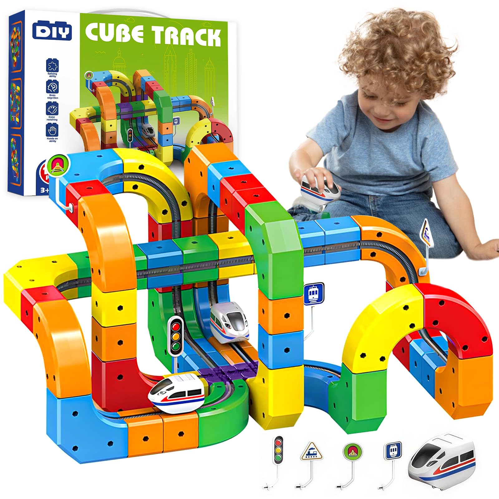 Set di treni elettrici 123PCS, Set di treni Magic Rail Cube, Blocchi Magnetici & Treno Motorizzato,3D Percorso Gravità,DIY Cube Track,Regalo di compleanno o di Pasqua per bambini e bambine krail