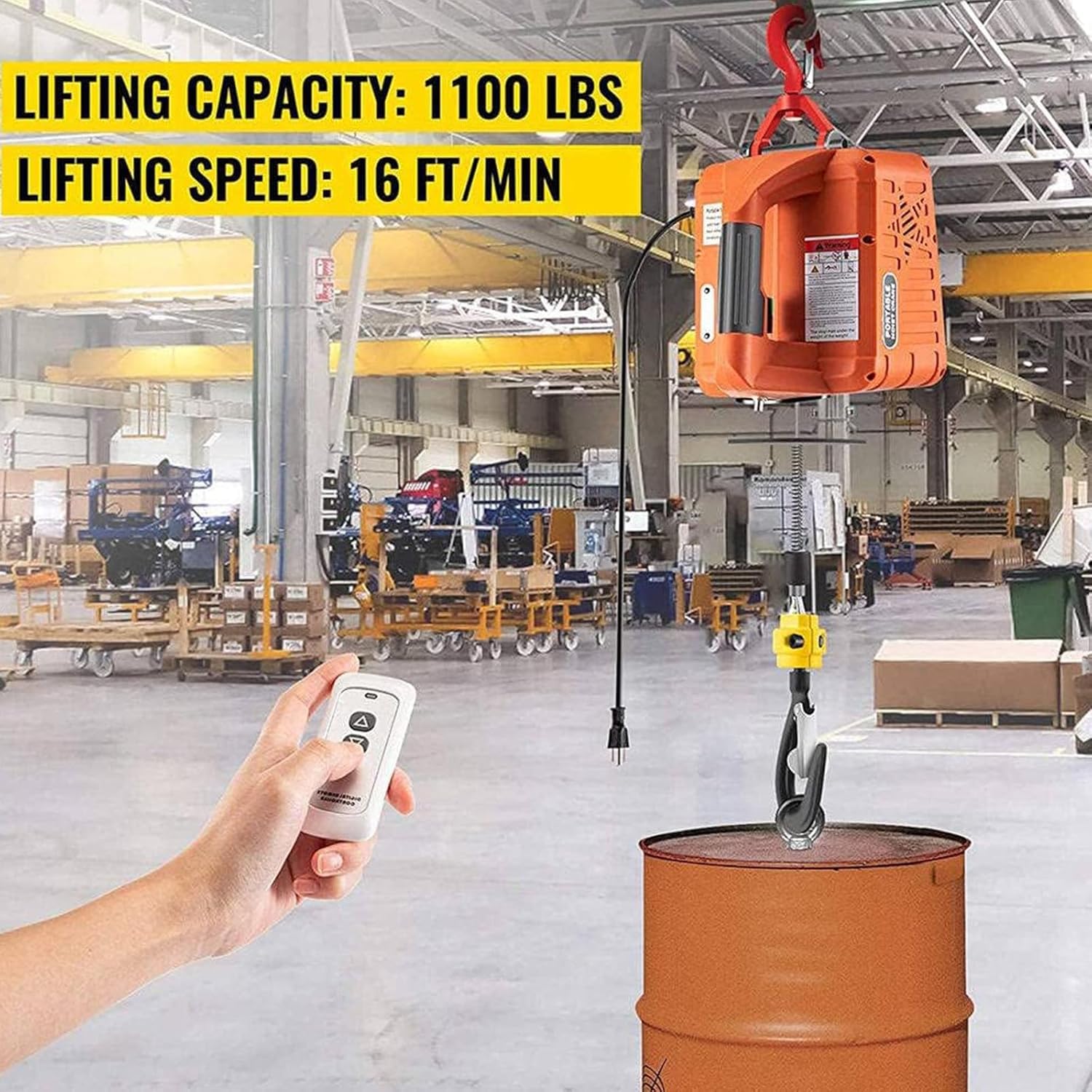 Polipasto Eléctrico 500kg/1100lbs con Control Remoto Inalámbrico, Motor 1500W Industrial para Construcción, Fábricas y Almacenes - Sistema de Control 3 en 1 (Manual, con Cable e Inalámbrico)