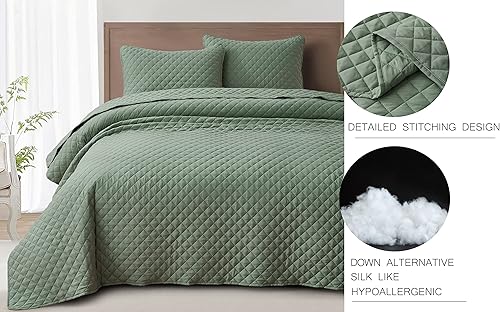 Miniatura 6 de Chezmoi Collection Teo - Juego de edredón de 3 piezas, tamaño King, color salvia, con puntada de diamante, lavado a la piedra, súper suave y ligero,