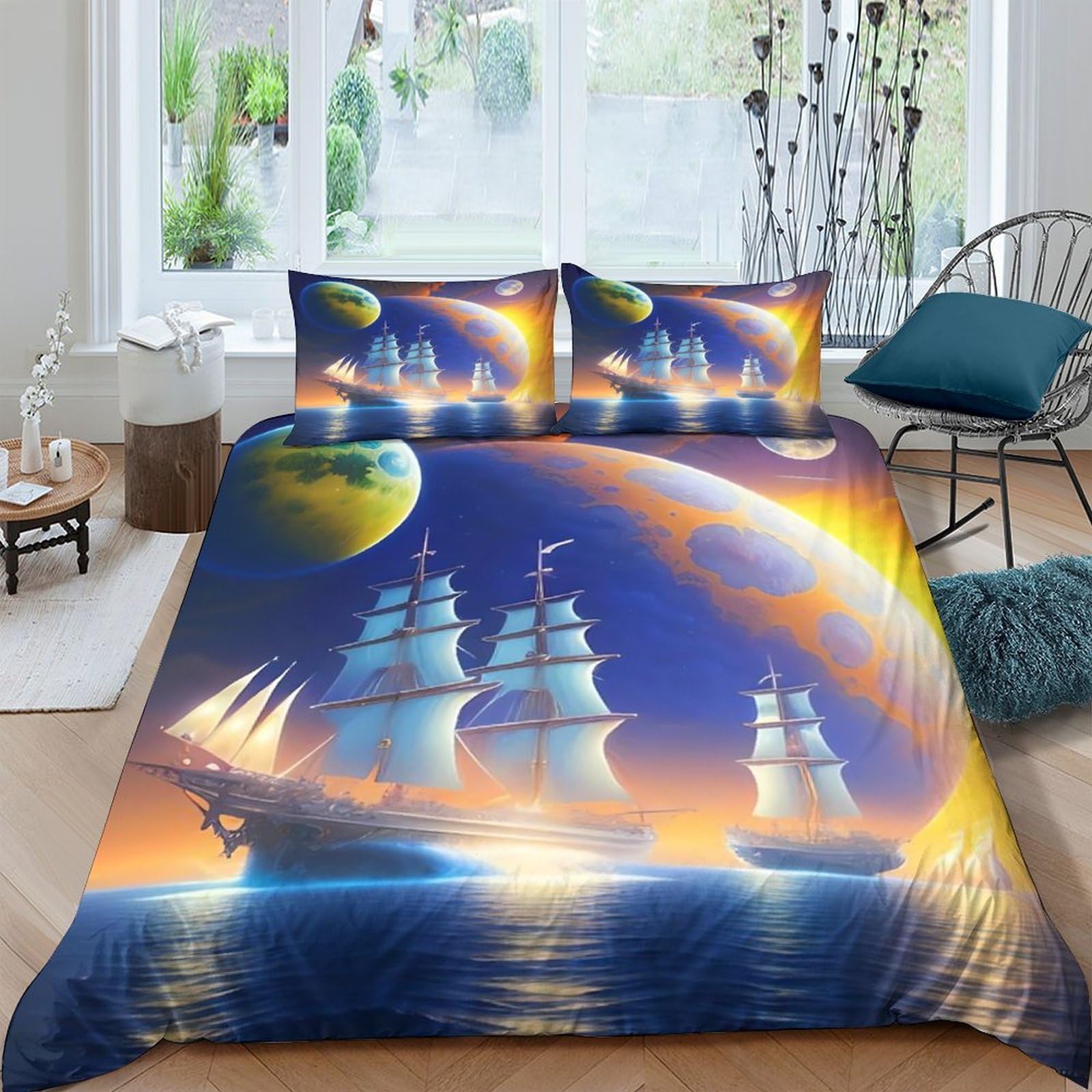 Ctjqhvkz Style-3 3D Printed Ocean Spaceship Fitted Sheet Microfiber Soft Blue Fantasy Planet Mattress Cover For Bedroom Decor Single（135X200cm）