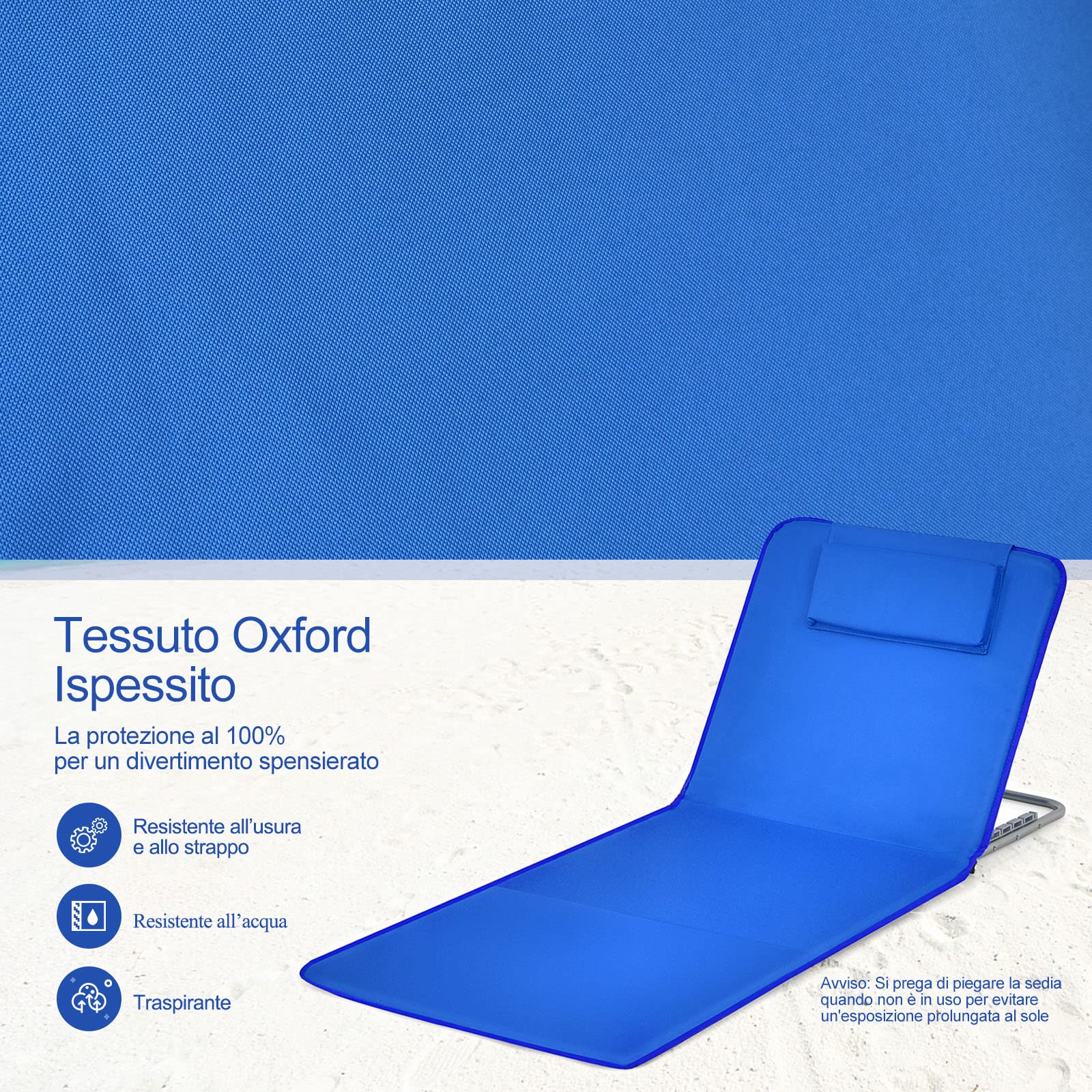 COSTWAY Set 2 Sdraio da Spiaggia con Tavolino, Tappettino Spiaggia Pieghevole con Schienale Reclinabile, Poggiatesta e Tasca Posteriore, Portatile con Manico, per Giardino e Campeggio (Blu)