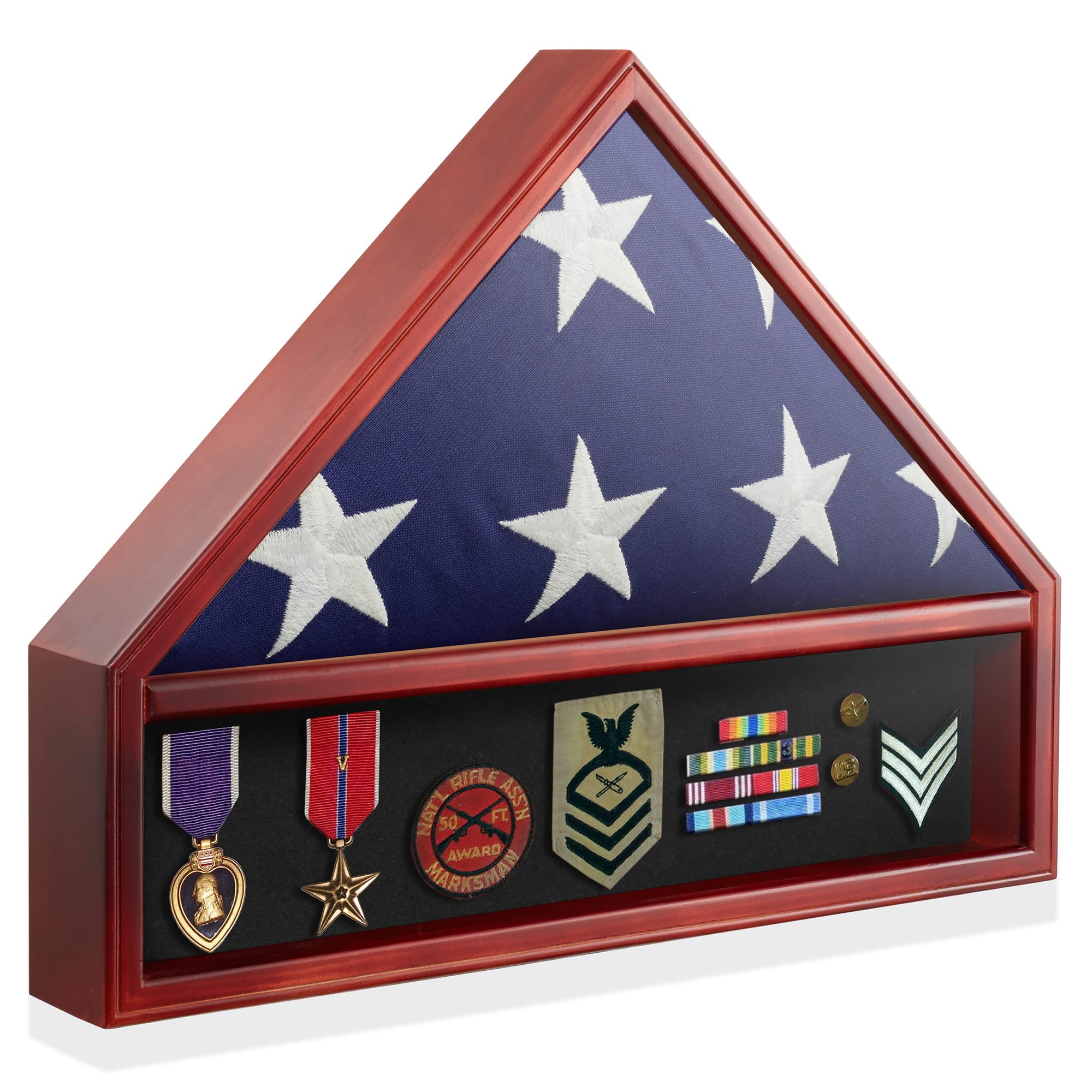 Reminded Military Medal & Burial Flag Shadow Box Display Case with Glass Insert, Mahogany