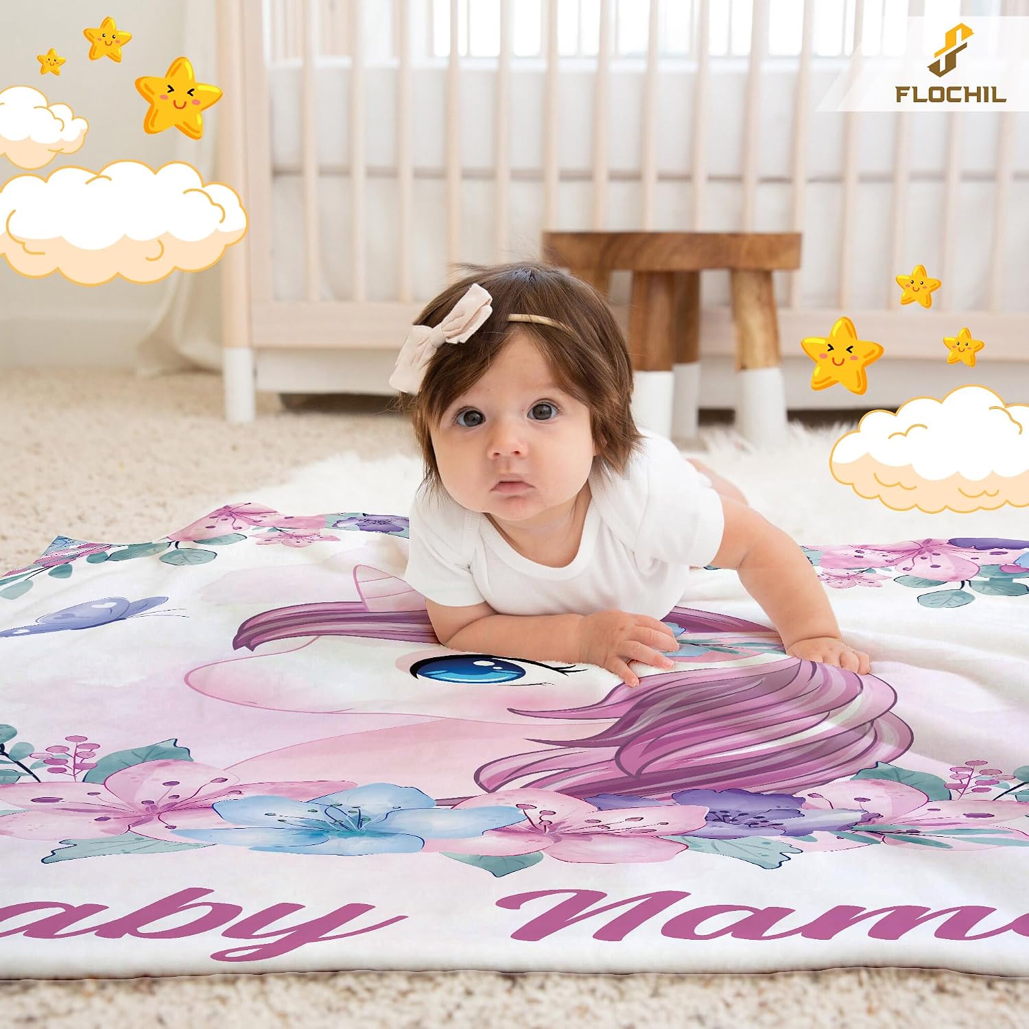 FLOCHIL Personalized Baby Blanket for Girls, Custom Baby Blanket with Name, Customized Unicorn Baby Blanket, Gift for Baby Shower, Toddler, Babies, Newborn
