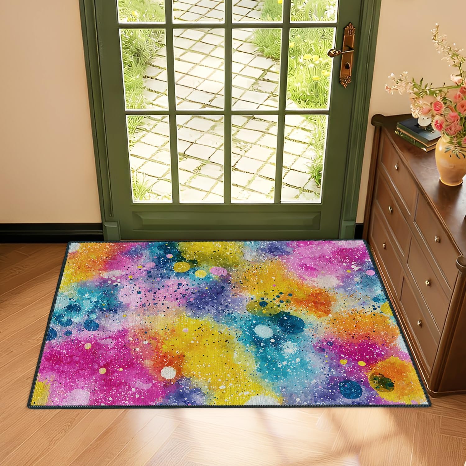 Abstract Colorful Entryway Area Rug 2x3 ft – Washable Modern Splash Paint Indoor Door Mat, Small Non-Slip Low Pile Accent Rug for Entryway, Kitchen, Living Room