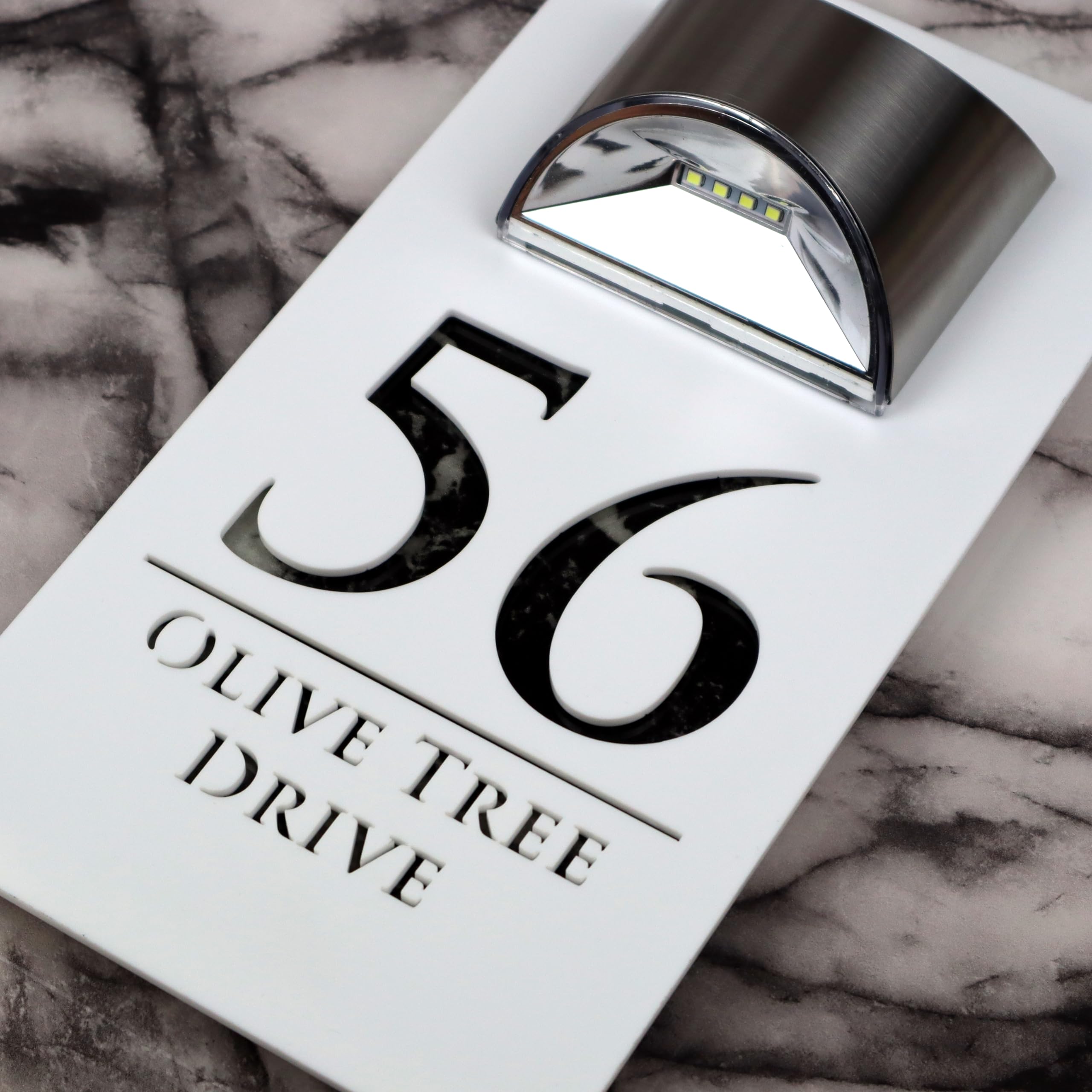 K Smart Sign | Bellissima LED F32 | Contemporary House Signs Plaques Door Numbers 1-9999 Street Name SOLAR LIGHT LED For Wall Personalised Laser Cut Mirror! (Matt White & Black Marble) โ image 1