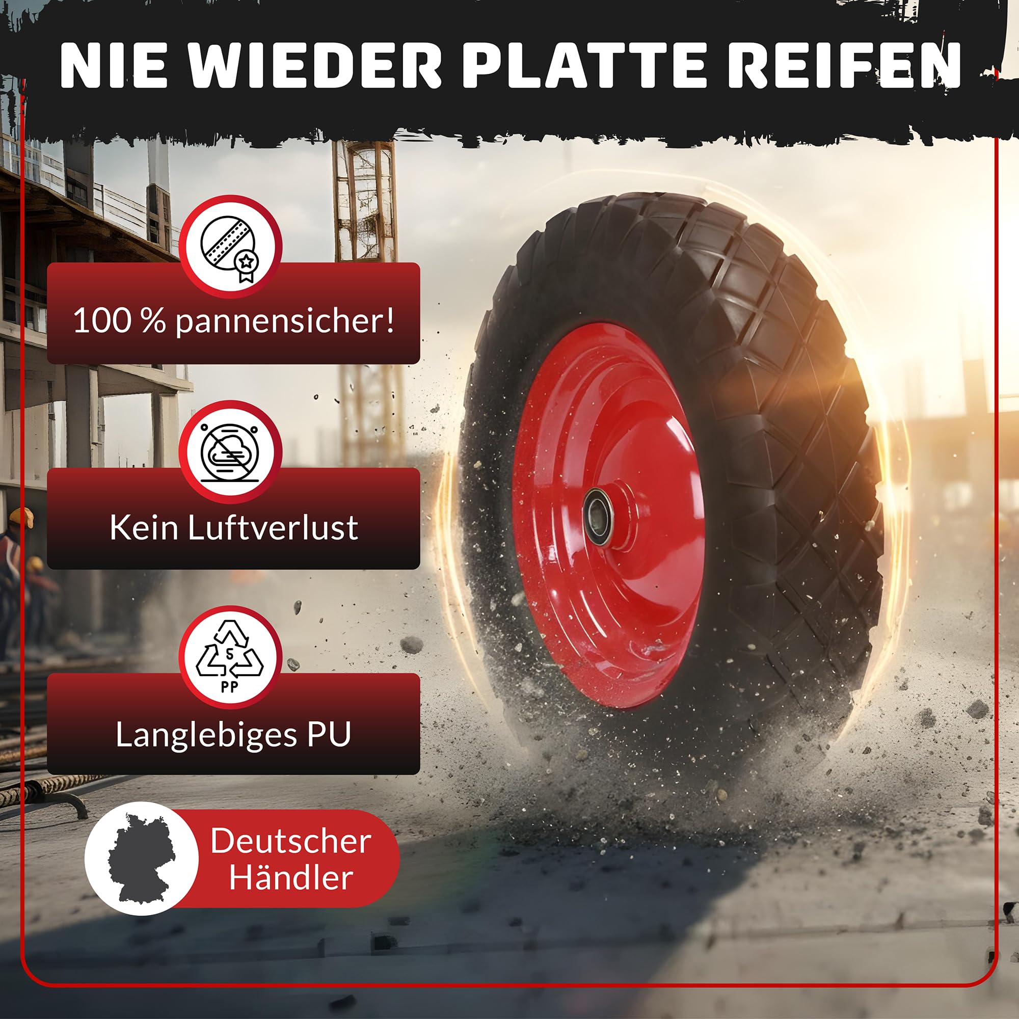 Schubkarrenrad Vollgummi 4.80/4.00-8 | PU Pannensicher | Universal Reifen für Schubkarre | Stahlfelge 200 kg Traglast | Laufruhig & Wartungsfrei | inkl. Achse & Schutzhülsen| Ersatzrad für Karren Wage