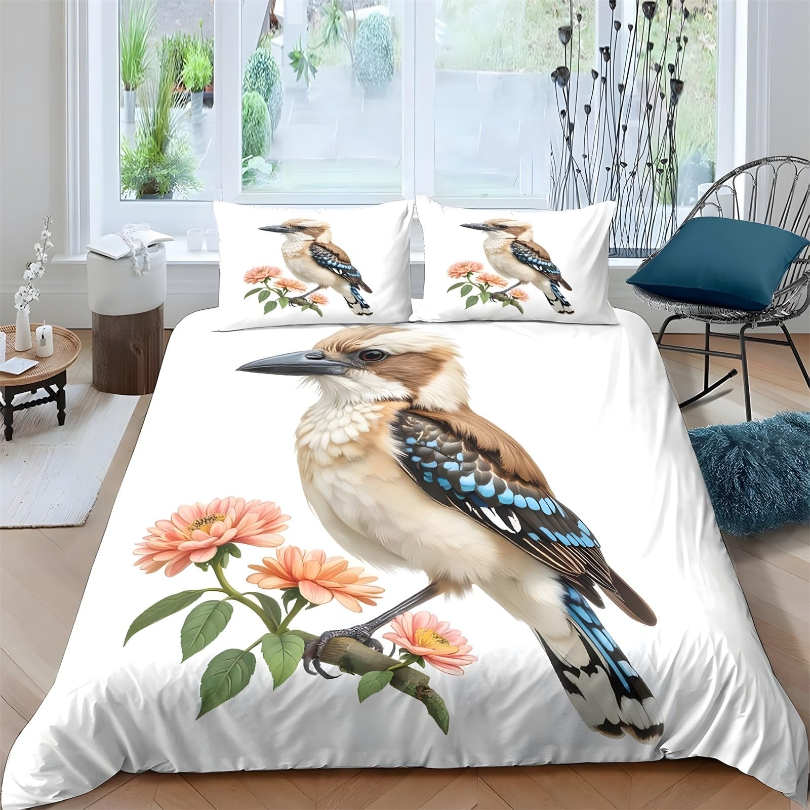 Ypthriline Single Duvet Cover Set Kingfisher Bedding Set Microfiber Fresh Duvet Covers with Pillowcases Reversible Bedding With Zipper Closure 135x200CM
