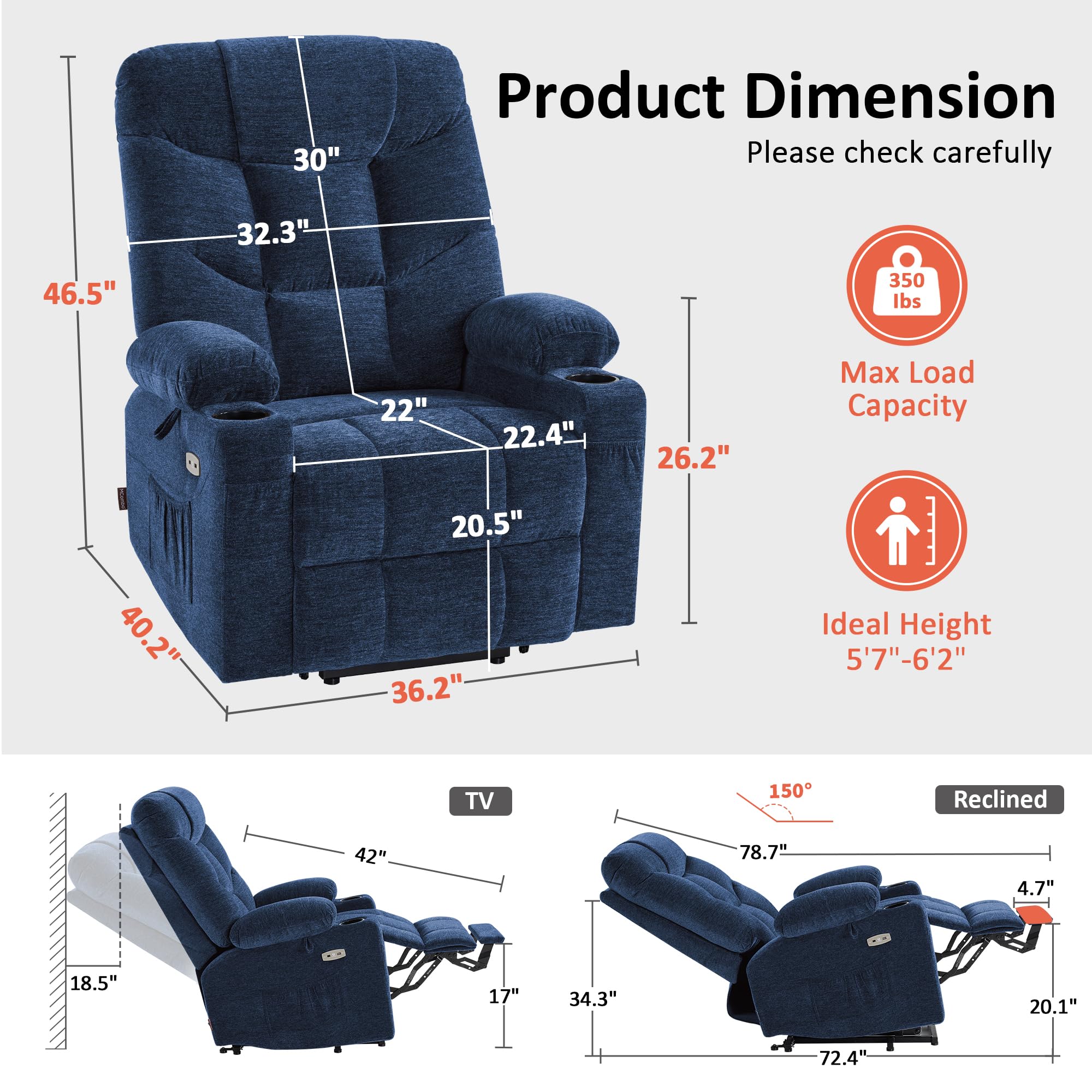MCombo Power Lift Recliner Chair with Extended Footrest for Elderly People, Fabric 7283 (Navy Blue, Large)