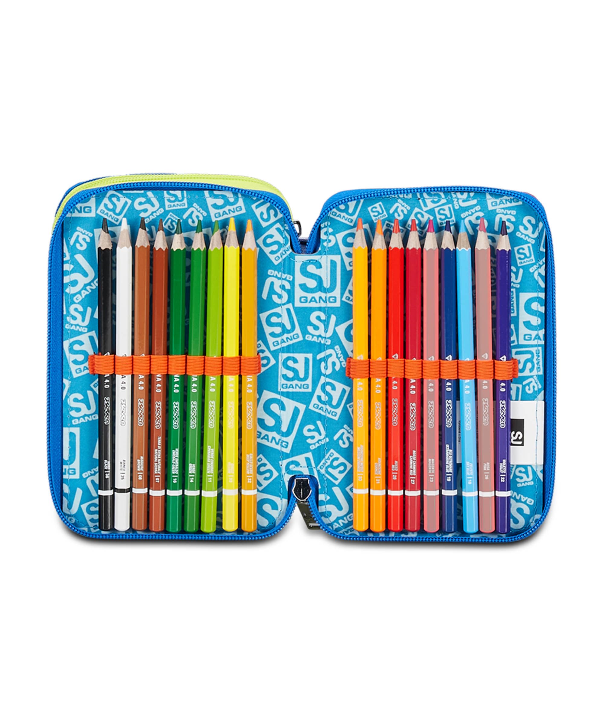 SJ Gang Astuccio Scuola 3 Zip, Blu, RealBasket, Portapenne Triplo Scomparto Completo Di Penne, Matite, Colori, Accessori Zaino, Elementari, Medie, Bambino, 30C202406-535