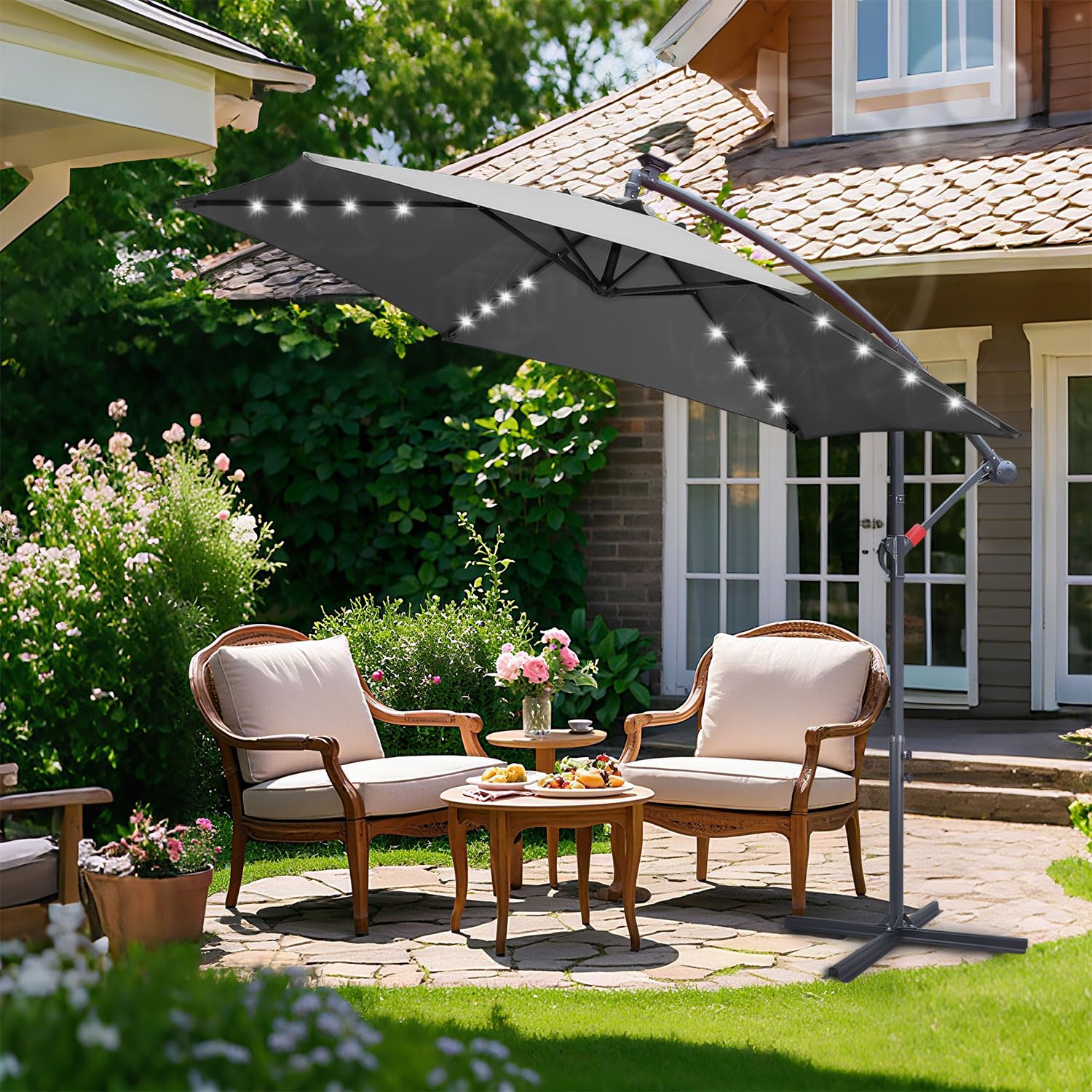 Parasol przeciwsłoneczny, Ø 300/350 cm, z korbą, z lampką solarną LED lub bez niej, parasol ogrodowy ze stojakiem, ochrona przed słońcem, ochrona przed promieniowaniem UV | parasol na korbę